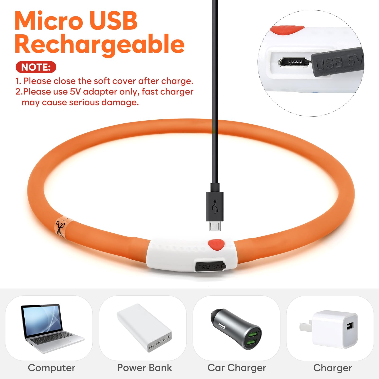 Higo Led Dog Collar, Rechargeable Light Up Dog Collars, Lightweight Silicone Pet Safety Collar Lights For Night Walking (Orange-