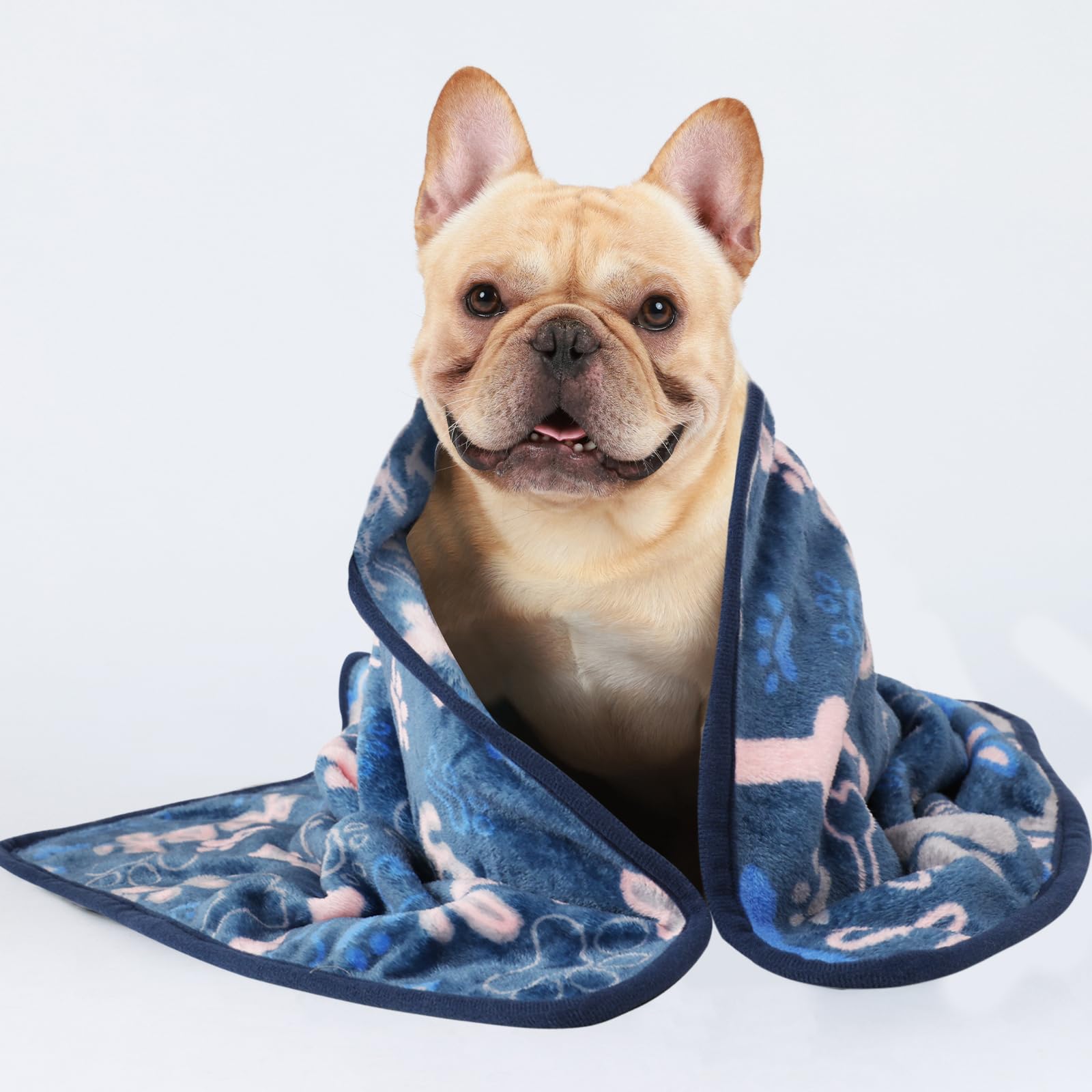 Luciphia 1 Pack 3 Blankets Fluffy Premium Fleece Pet Blanket Flannel Paw Bone Printed Throw For Dog Cat(Large 41'X31', Khaki/Blue/Navy)