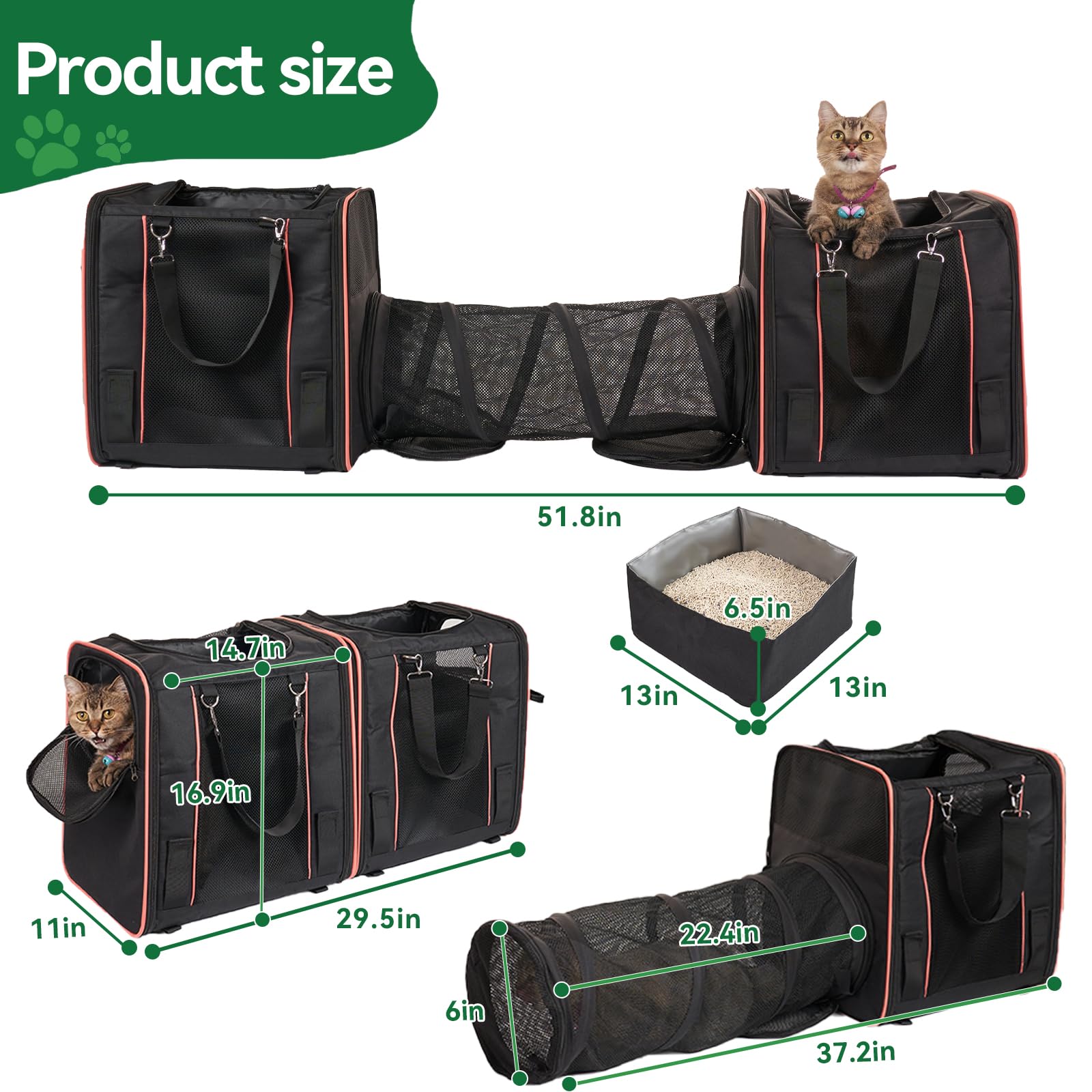 Expandable Cat Carrier With 2 Litter Box For 2 Cats, 32X17X12In Double Cat Car Travel Carriers For Cat And Dog Up To 40Lbs, Soft
