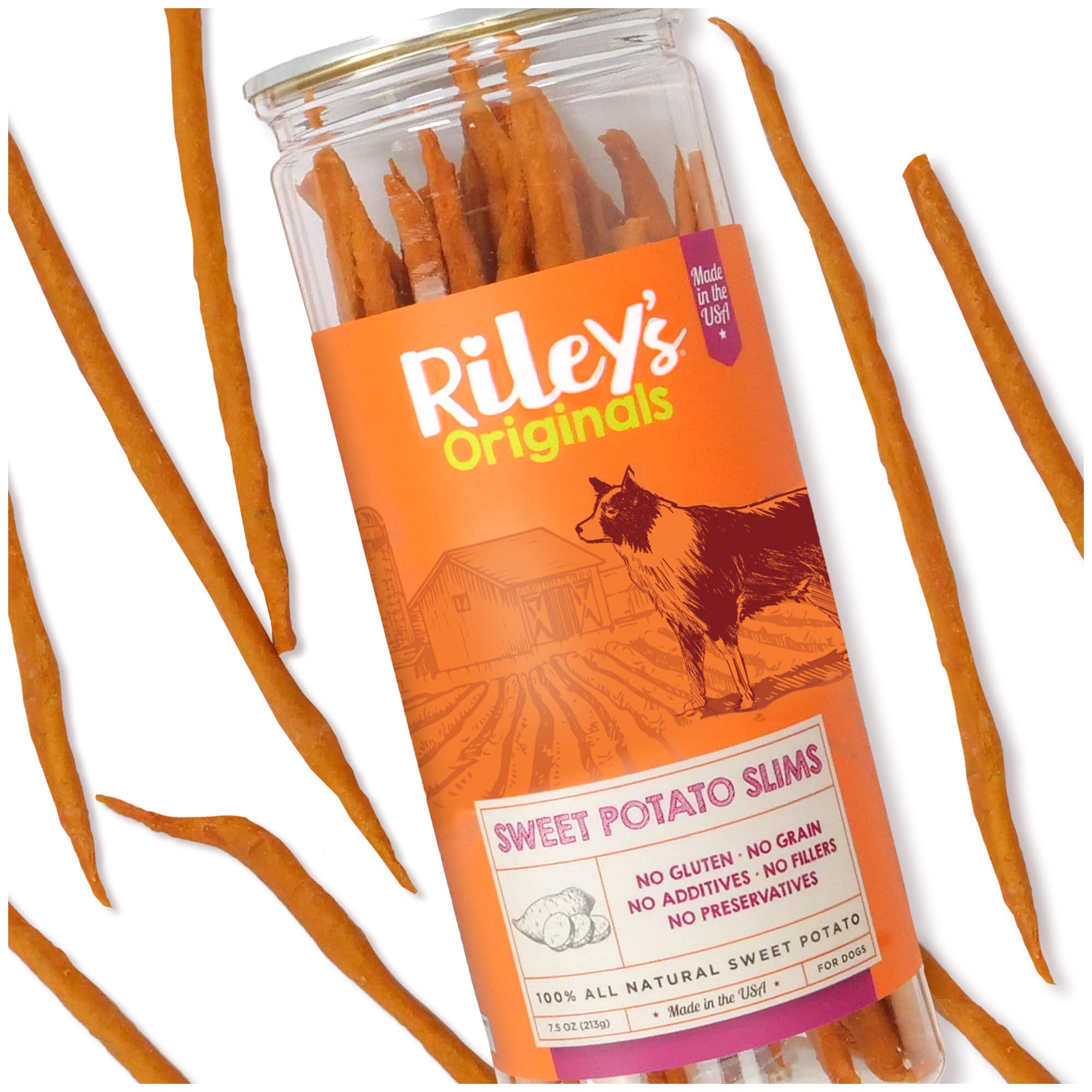 Rileys Slims Dried Sweet Potato Dog Treats - Dehydrated Chews for Dogs - Single Ingredient USA Sourced Made in The USA - 7.5 oz