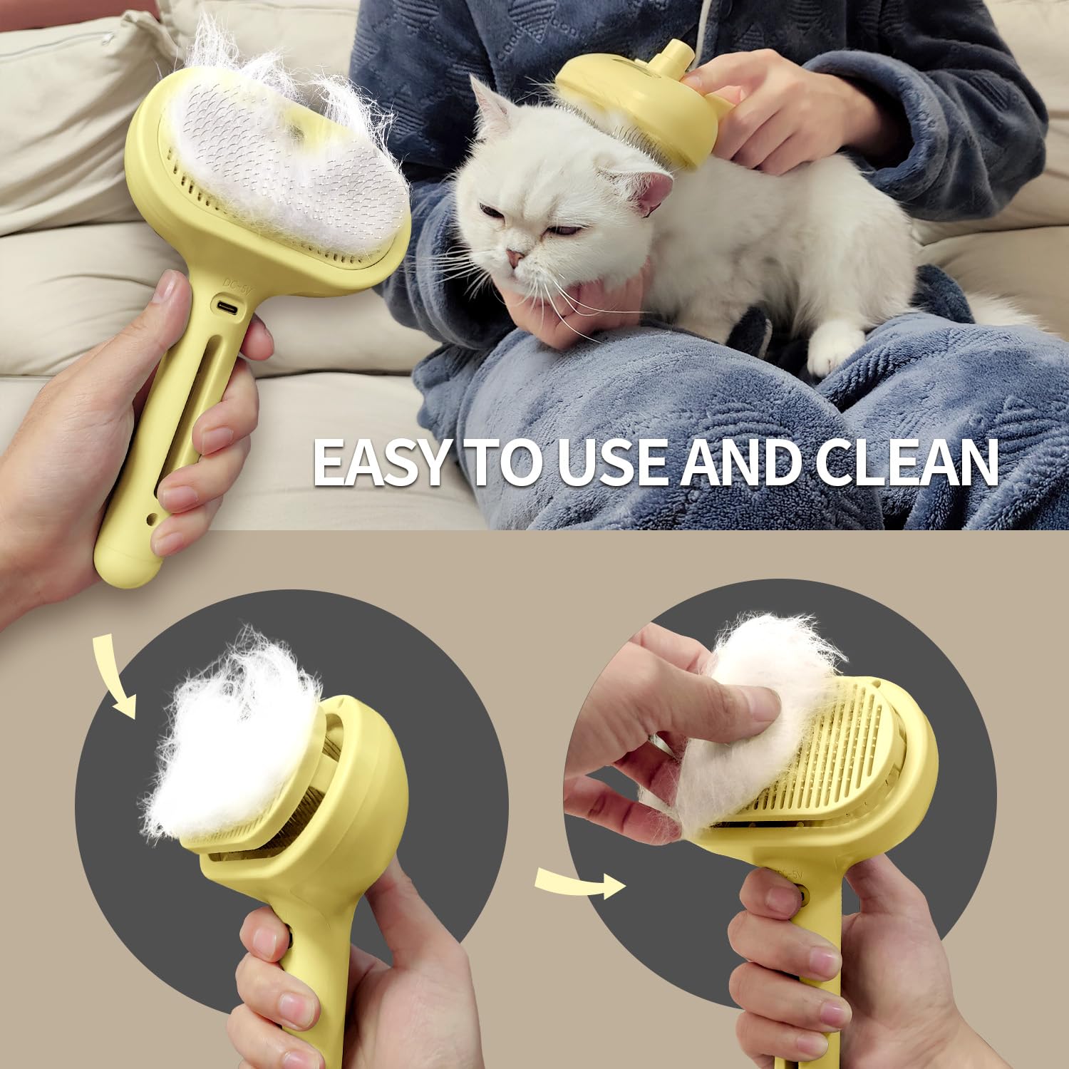 Pecait 3 In 1 Steamy Brush with Release Button and Tank, Anti-Static Pet Brush for Long and Short Hair Pets to Remove Tangles an