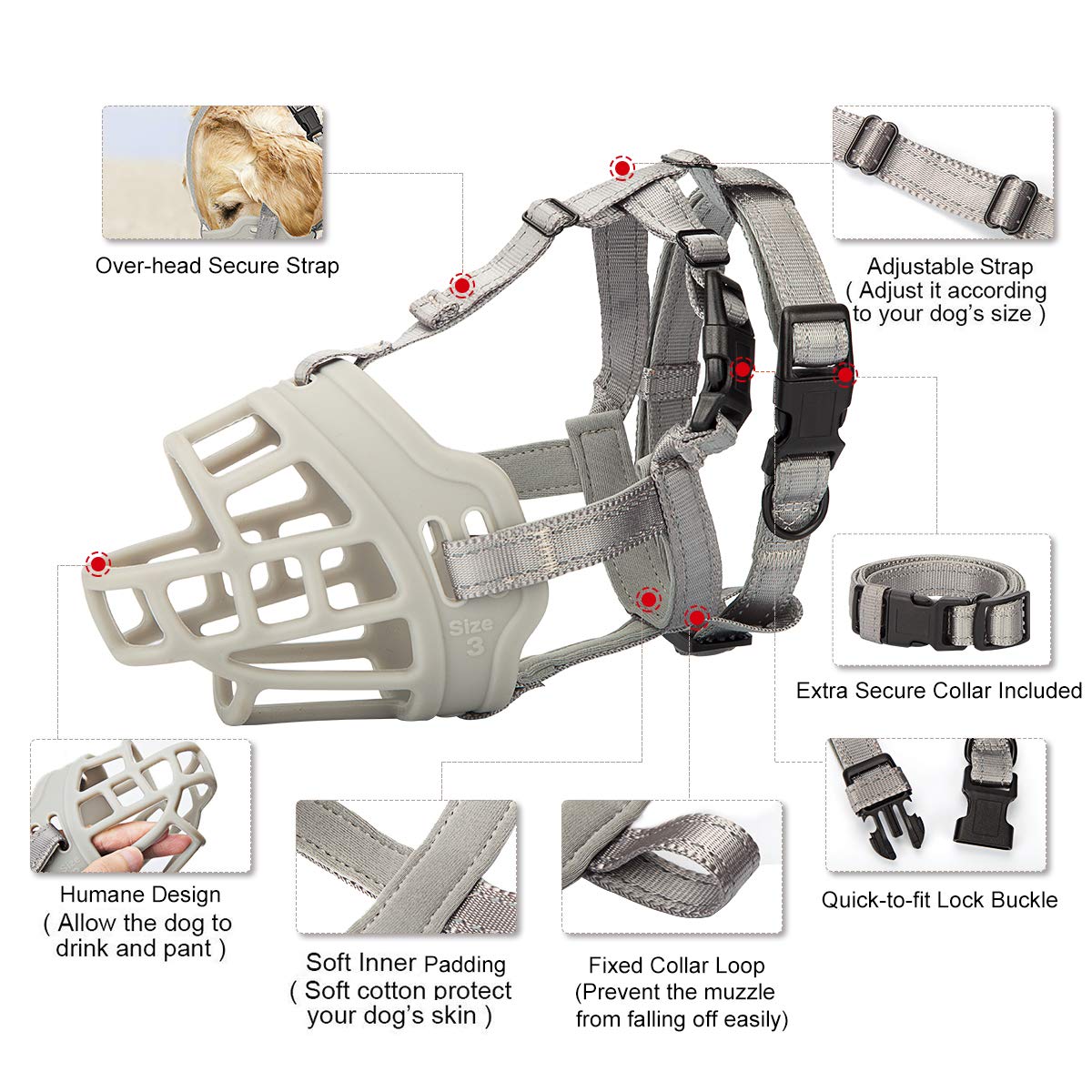 Dog Muzzle, Soft Silicone Basket Muzzle for Dogs, Allows Panting and Drinking, Prevents Unwanted Barking Biting and Chewing, Inc