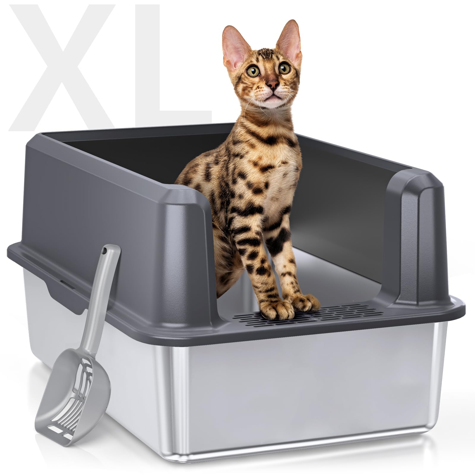 Woofigo Enclosed Stainless Steel Cat Litter Box With Lid, Xl Extra Large Litter Box For Big Cats, Metal Litter Box High Sided, Never Absorbs Odors, Anti-Urine Leakage, Easy Cleaning, Include Scoop