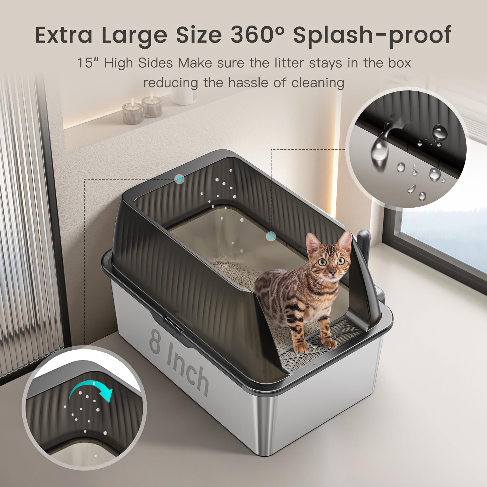 Tripamin 15    Stainless Steel Cat Litter Box,Xl Stainless Steel With High Sides, Extra Large Metal Cat Litter Box For Big Cats,