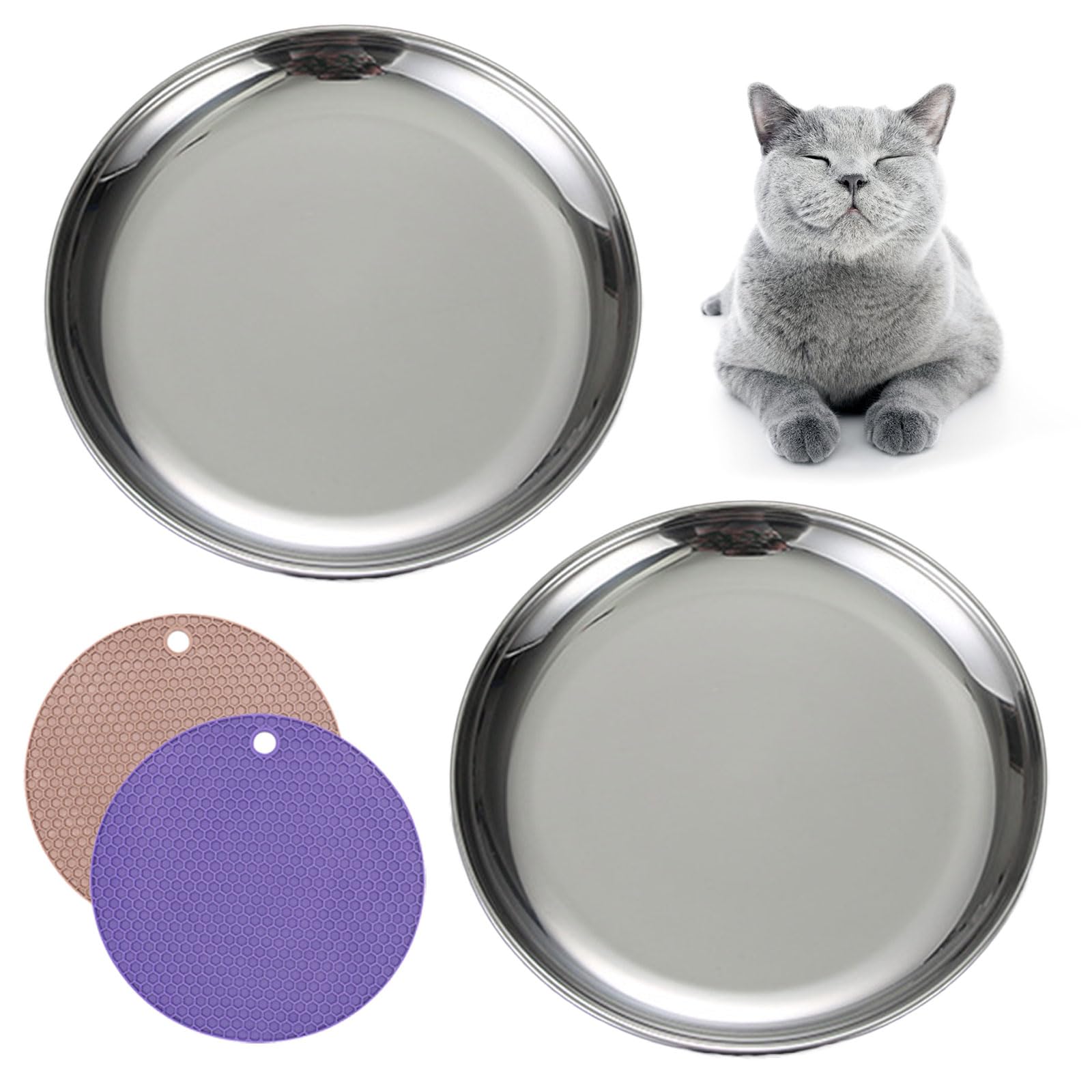 RMNHPTK Cat Food Dishes, Stainless Steel Cat Bowls Relief Whisker Fatigue Cat Bowl Cat Food Plates with Non-slip Mats Shallow Ca