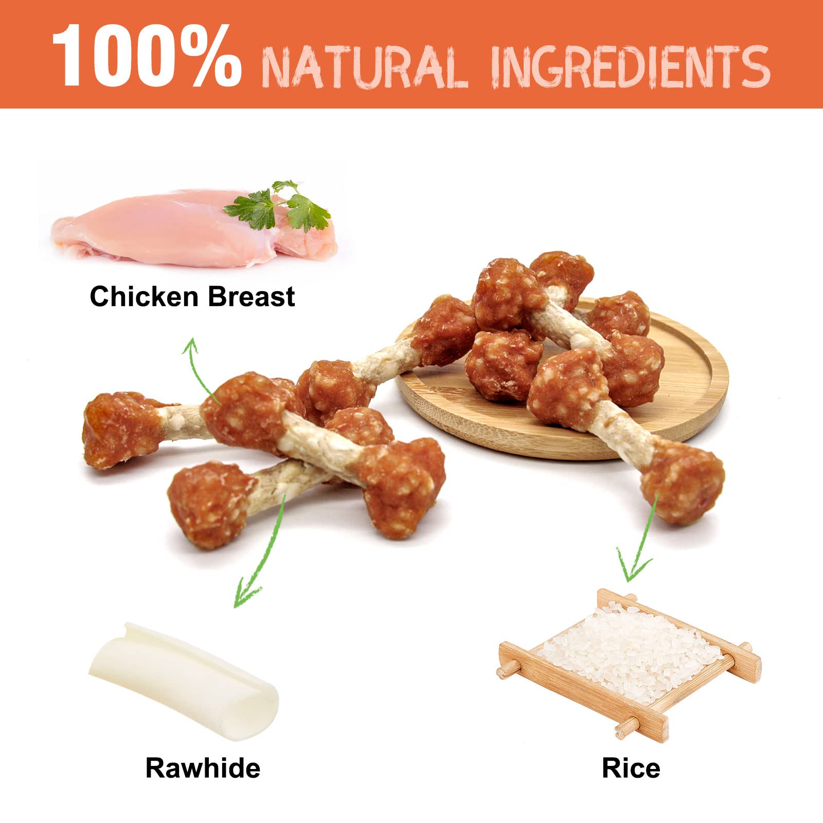 MON2SUN Dog Treats, 9oz Mini Rawhide Chews, Chicken Dumbbells with Rice for Small Dogs & Toy Breed, Crunchy and Healthy (2.5 Inc
