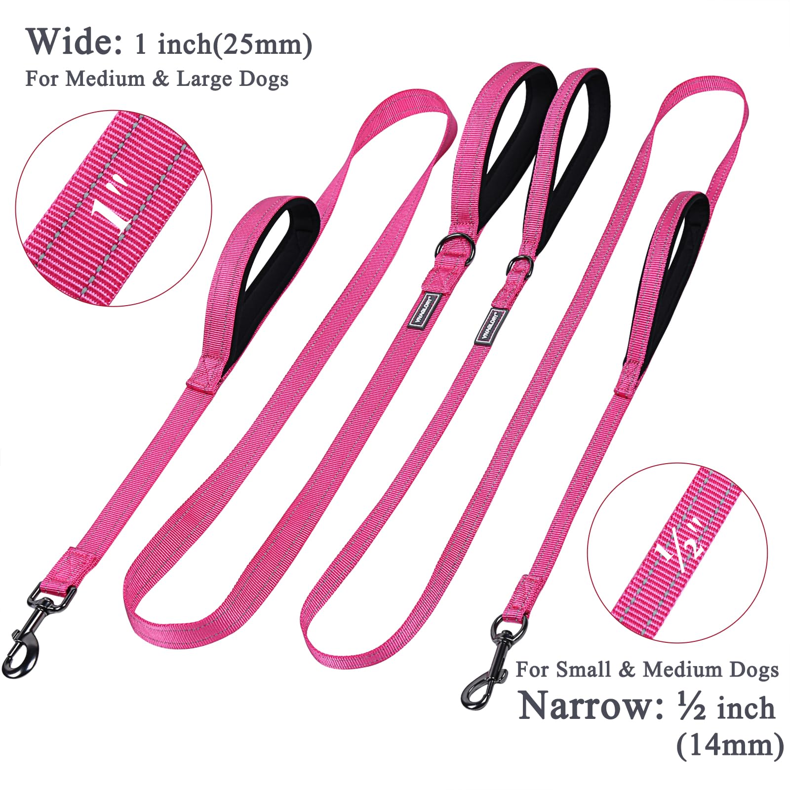 Vivaglory Traffic Handle Dog Leashes, Two Padded Soft Handles Strong Dog Leash, Reflective & Metal Hook Training Dog Lead, Pink,