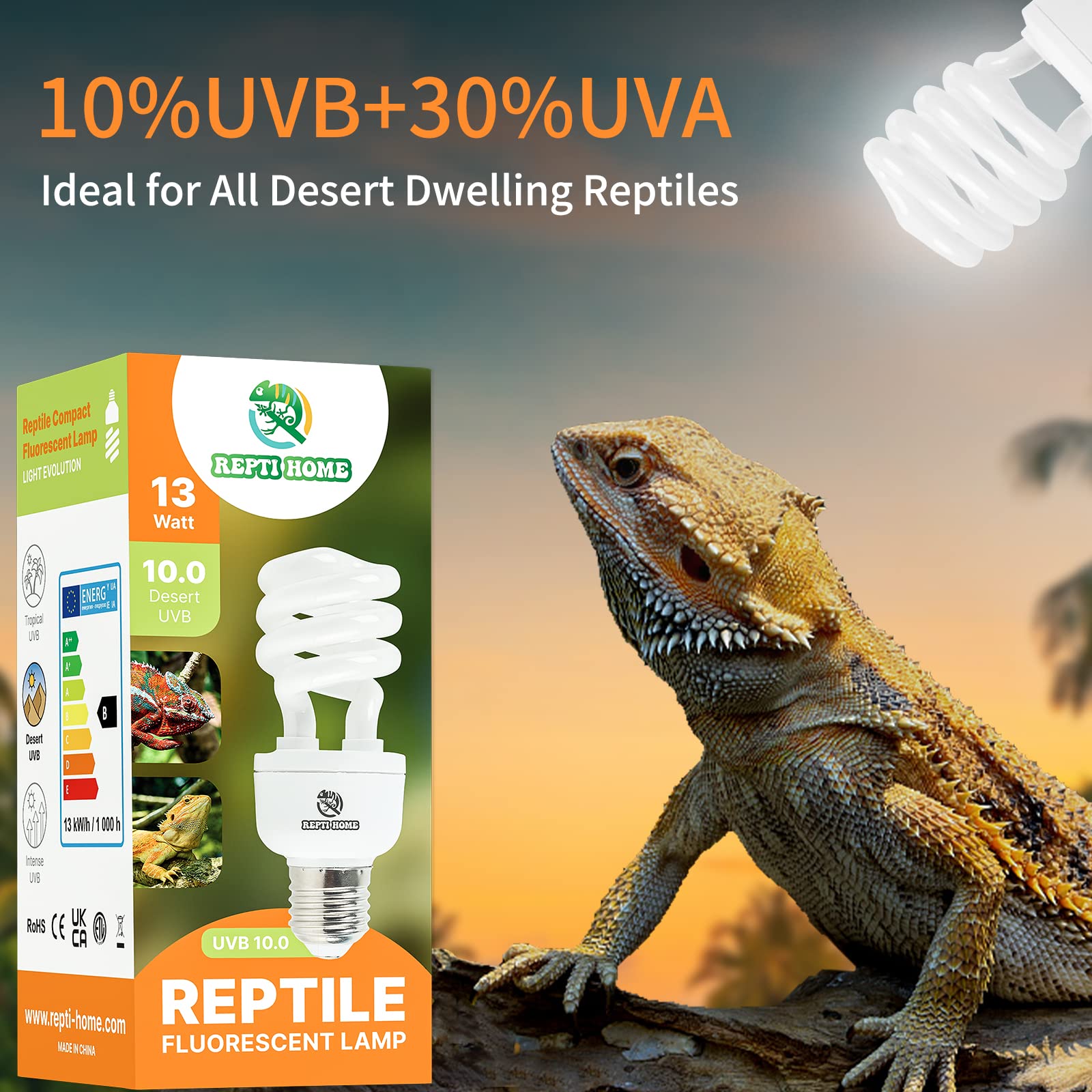 Repti Home Uvb Reptile Light 10.0, 13W Desert Uva Uvb Bulb For Reptiles, Compact Desert Terrarium Lamp, Reptile Uvb Light Bulb F