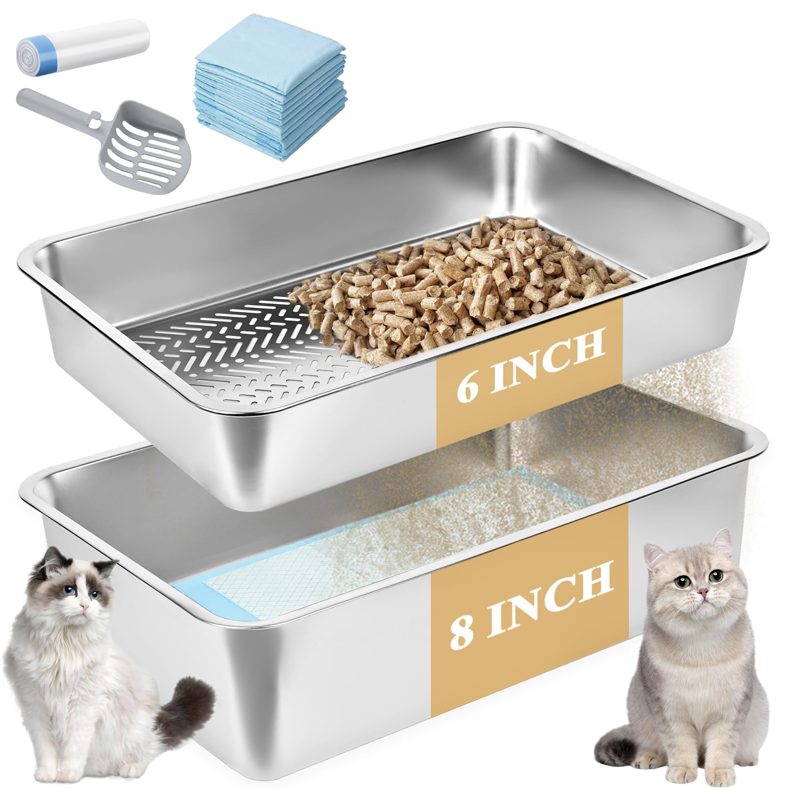 23.6x15.7x8 Stainless Steel Sifting Litter Box, XXL Large Metal Sifting Cat Litter Box for Pine Pellets, Litter Pan Tray S