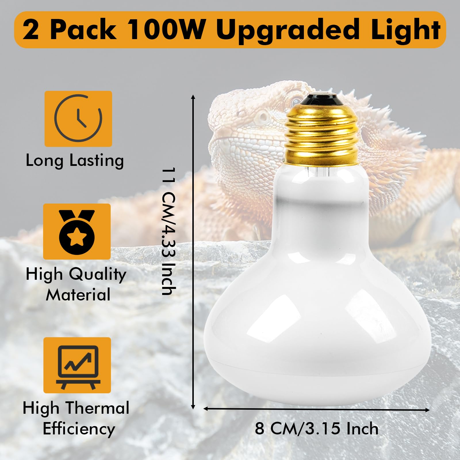 YUNCHY Reptile Heat Lamp, 100W Heat Lamp Bulbs for Reptiles 2 Pack, Amphibians Basking Heat Lamp Bulbs, UVA Daylight Basking Lig