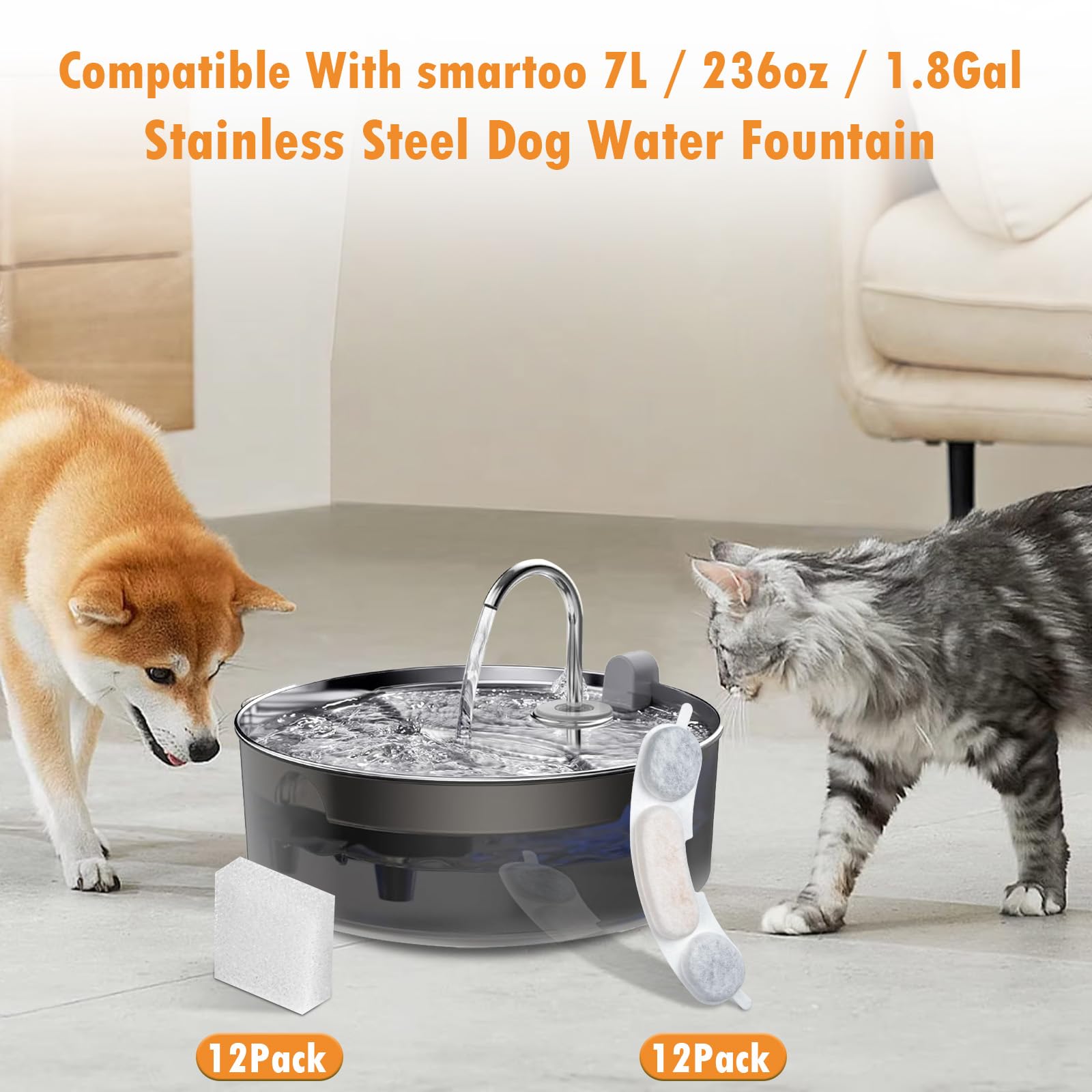 12 Pack Replacement Filters and Sponge for smartoo 7L / 236oz / 1.8Gal Stainless Steel Dog Water Fountain, 12 Filters + 12 Spong