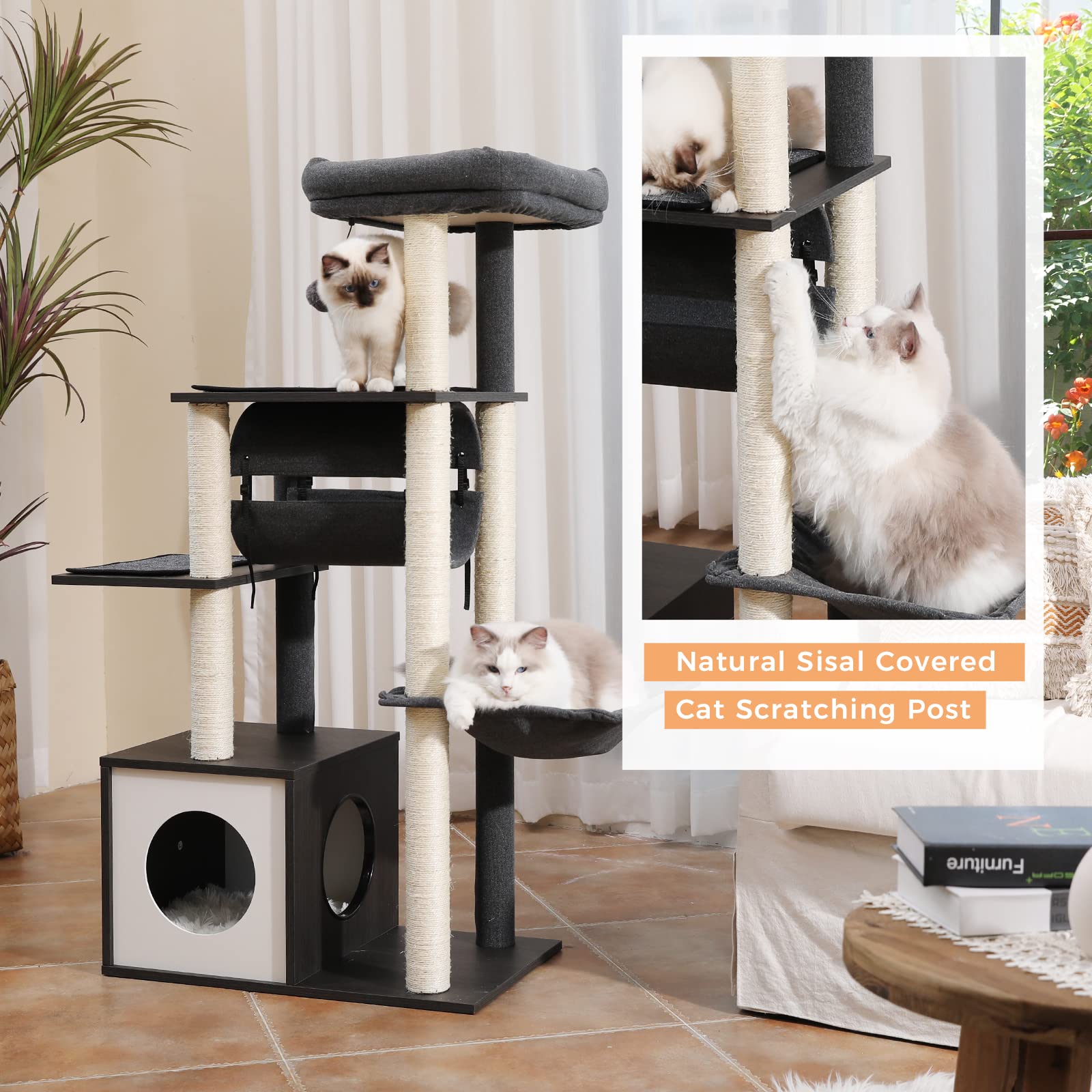 PEQULTI Modern Cat Tree - 51.4" Wooden Cat Tower with Scratching Posts, Cozy Condo, Hammock & Swing Tunnel - Gray - Model AM52-AMT0102GY