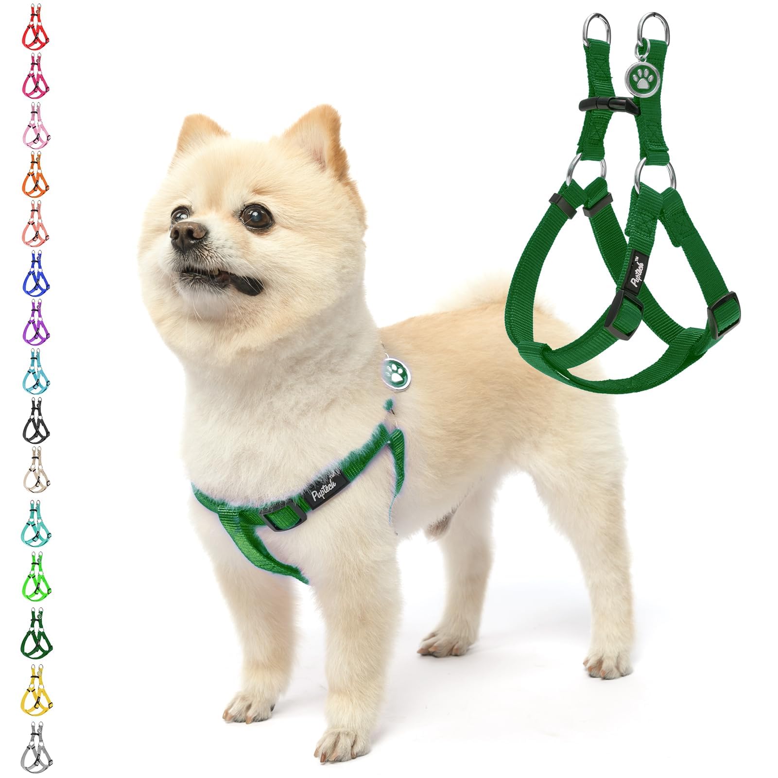 Pupteck No Pull Dog Harness Soft Adjustable Basic Nylon Step In Puppy Vest Outdoor Walking With Id Tag, Blackish Green, Xs
