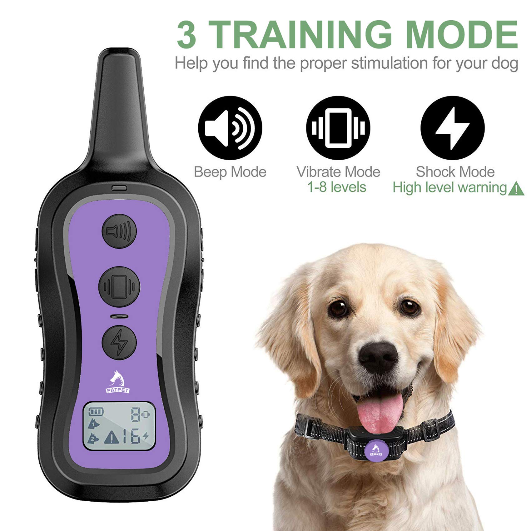 Patpet Dog Training Collar Dog Shock Collar With Remote - 3 Training Modes, Beep, Vibration And Shock, Up To 1000 Ft Remote Rang