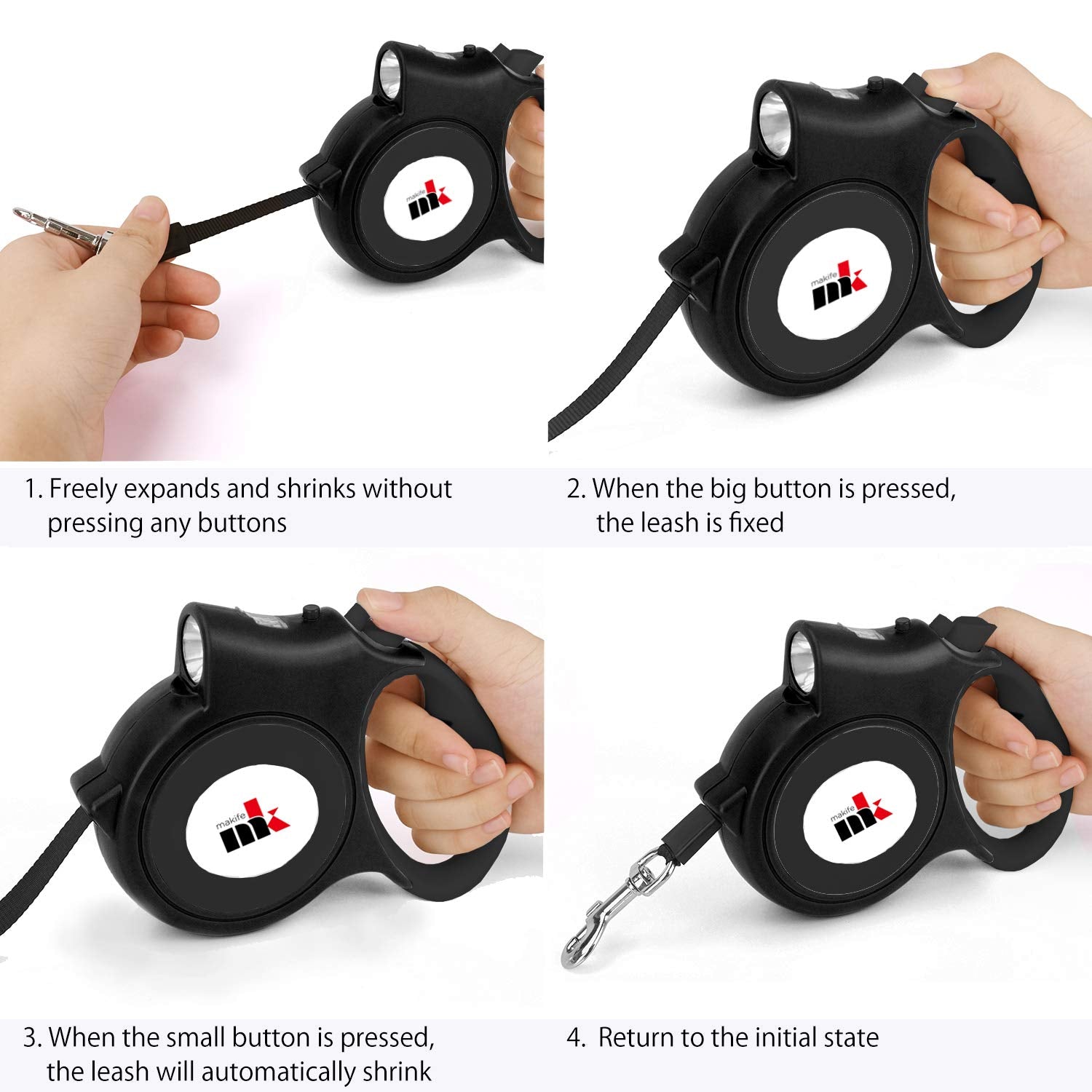 Retractable Dog Leash With Led Light Makife 5M Extendable Dog Lead For Small Medium Puppis Up To 25Kgs, One-Hand Brake & Lock Sy