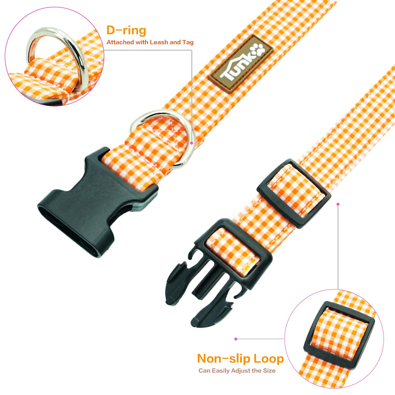 Tunkoo Orange Plaid Dog Collar Premium Cotton - Adjustable Collar With Strong Plastic Bucle Gifts For Small Medium Large Girl Bo
