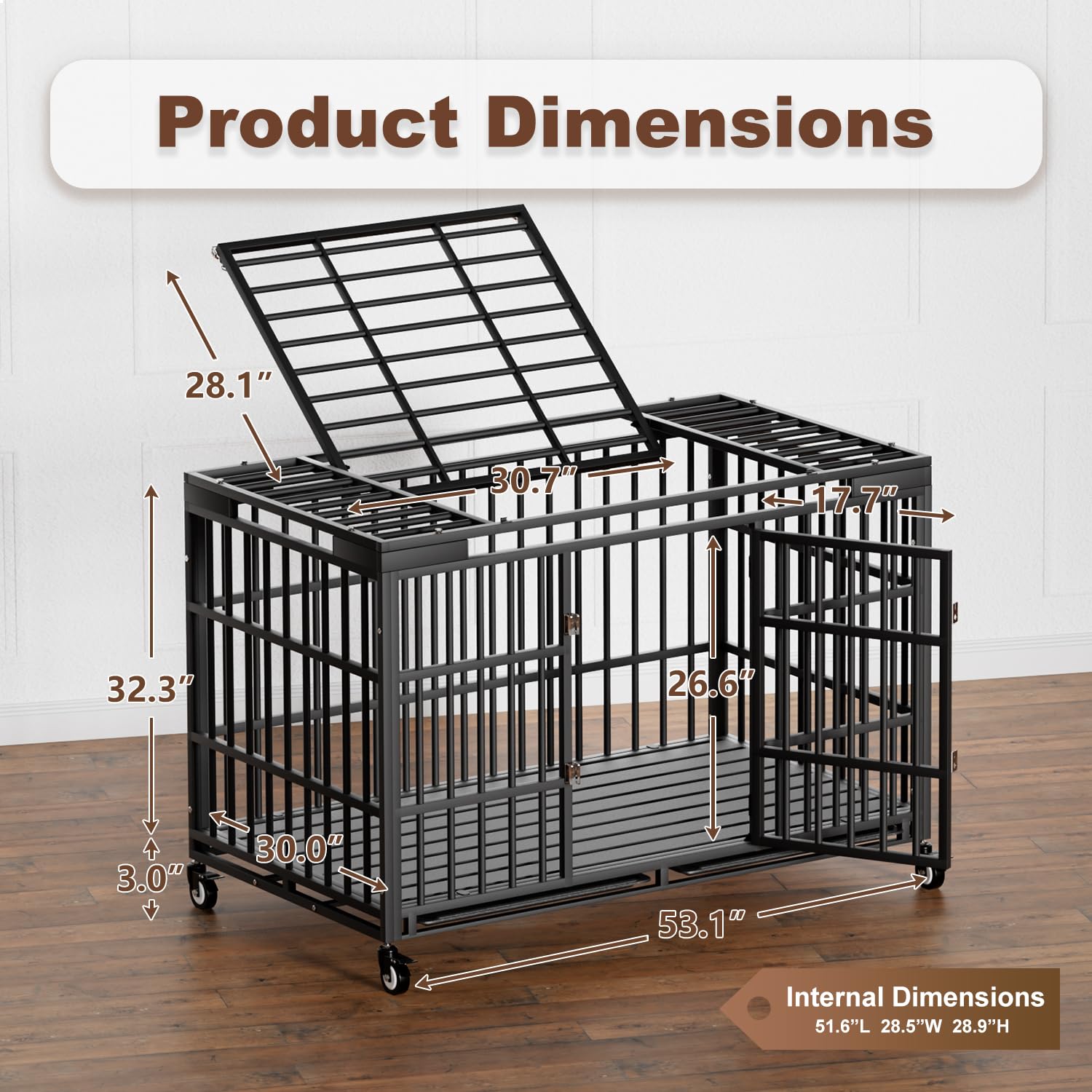 Snuowu Heavy Duty Dog Crate - Indestructible, Escape-Proof, 54" Alloy Steel, Black, Model CGGL54BK for Large Dogs