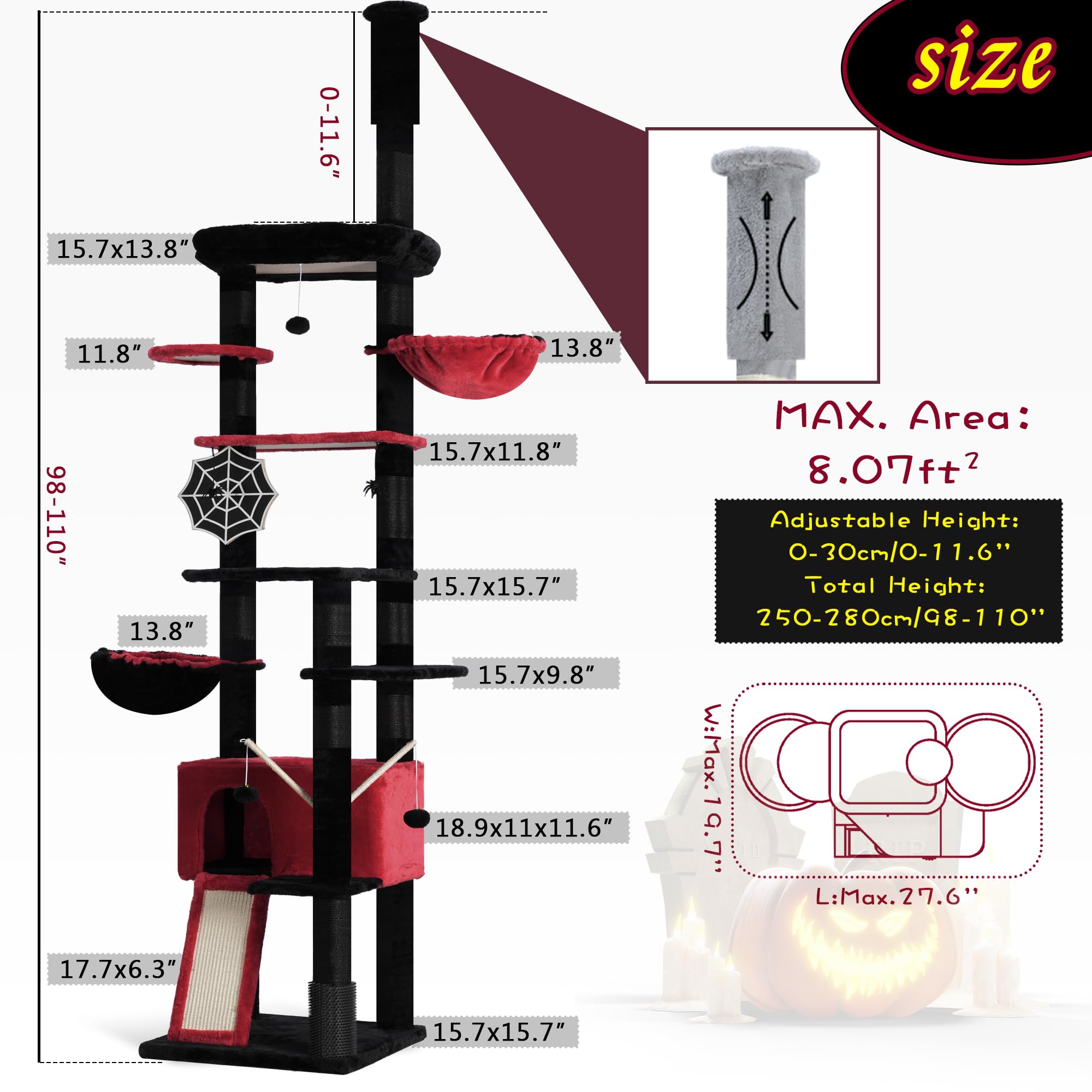 Hey-brother Gothic Cat Tree, Adjustable 98.4-110.2 in, Black and Red, Model 0MPJ091BR, Tall Climbing Tower with Scratching Post