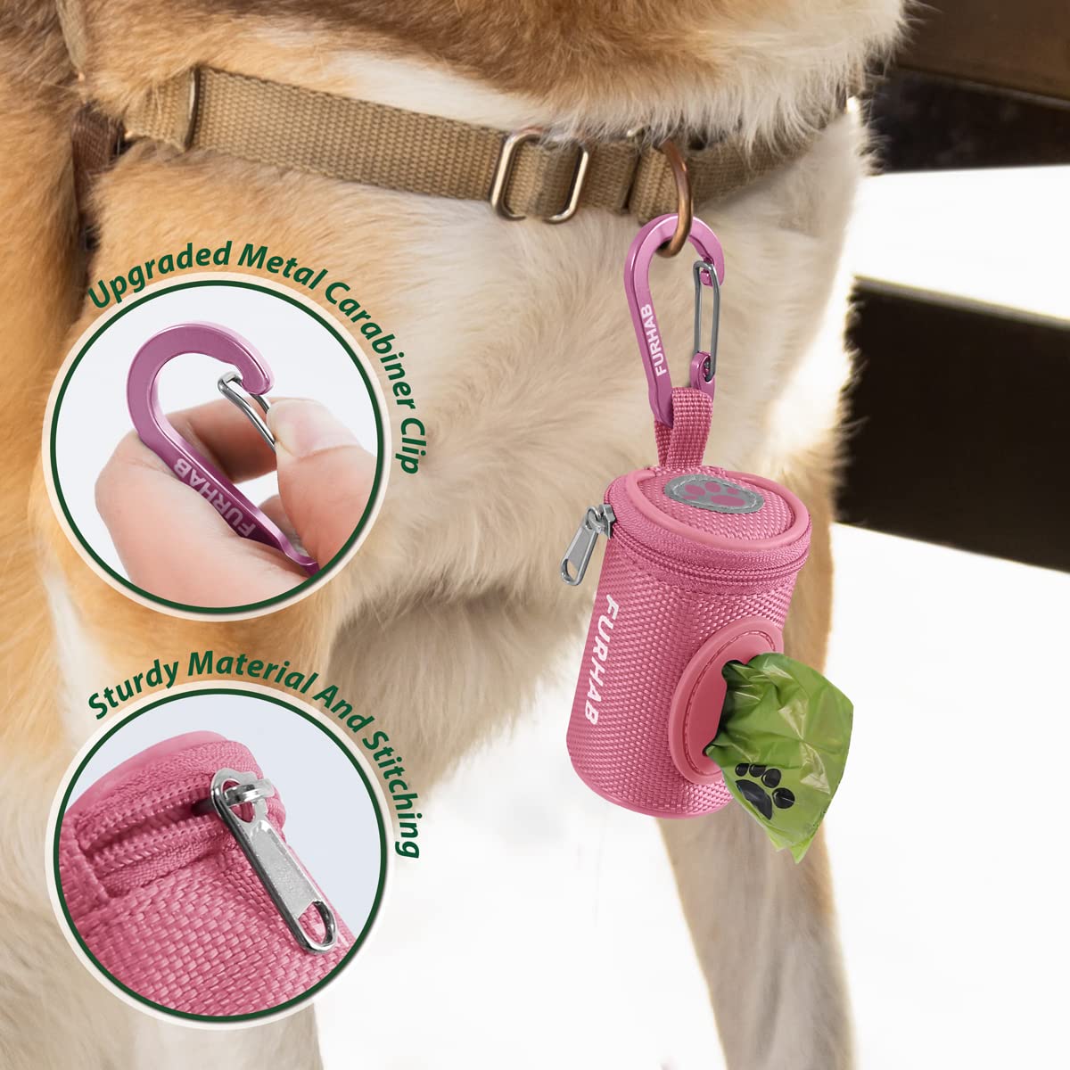 Furhab Dog Poop Bag Holder For Leash Doggie Waste Bag Dispenser Soft Fabric Puppy Potty Carrier Small Doggy Zipper Pouch With Carabiner Clip 1680D Nylon Oxford With 1 Roll Of Pet Trash Bags, Pink
