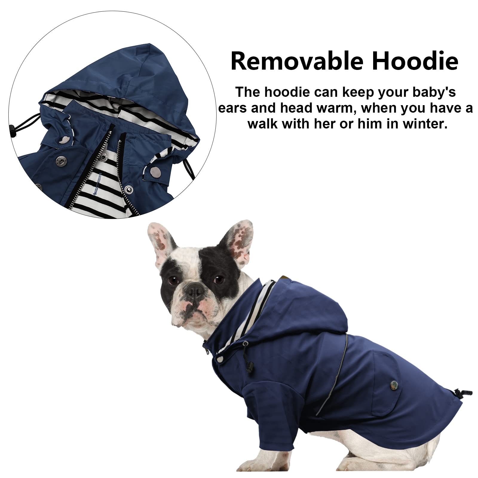 Morezi Dog Zip Up Dog Raincoat With Reflective Buttons, Rain/Water Resistant, Adjustable Drawstring, Removable Hood, Stylish Premium Dog Raincoats - Size Xs To Xxl Available - Dark Blue - L