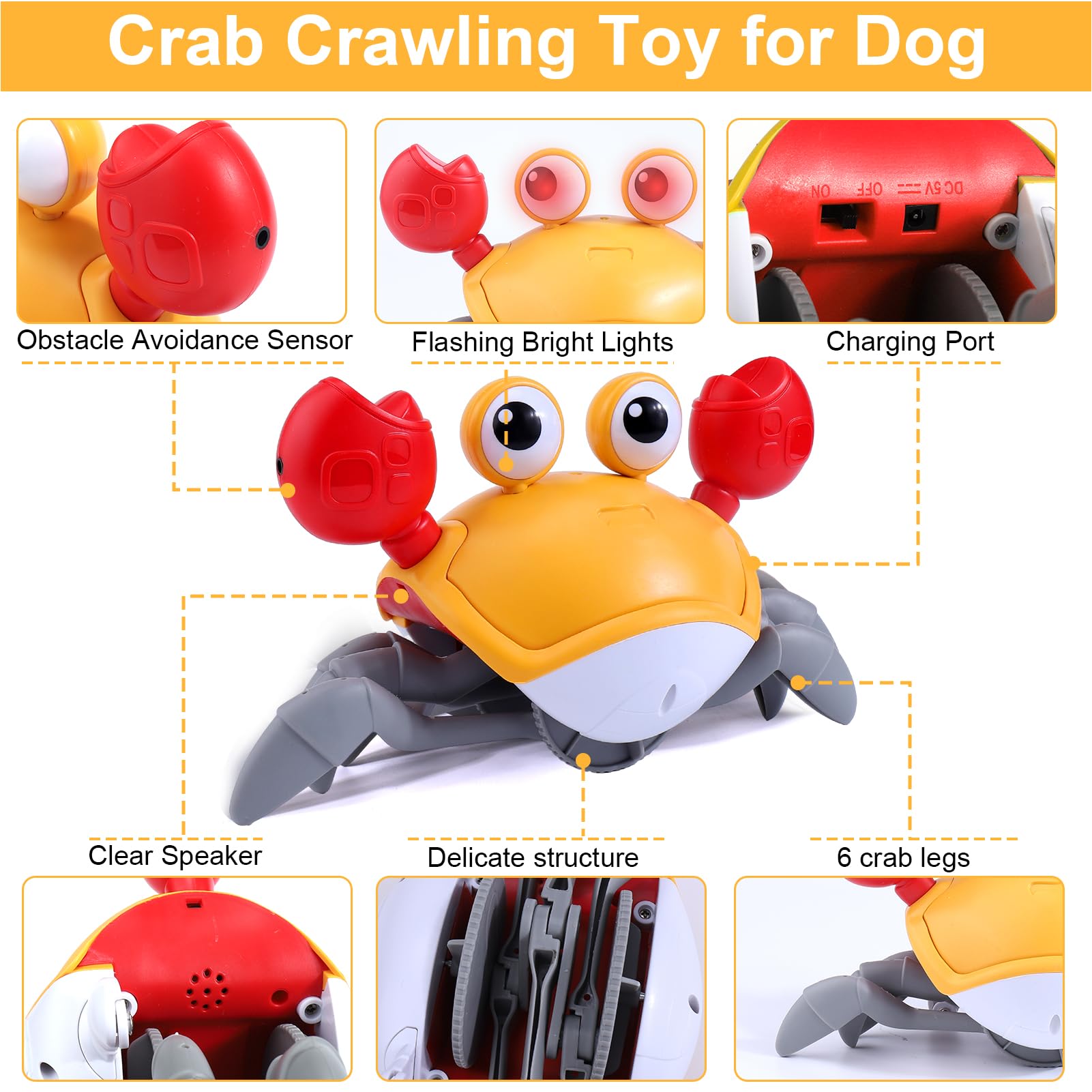 Mity rain Crab Crawling, Escaping Crab Dog Toy with Obstacle Avoidance Sensor, Dancing Crab Toys with Music Sounds & Lights for