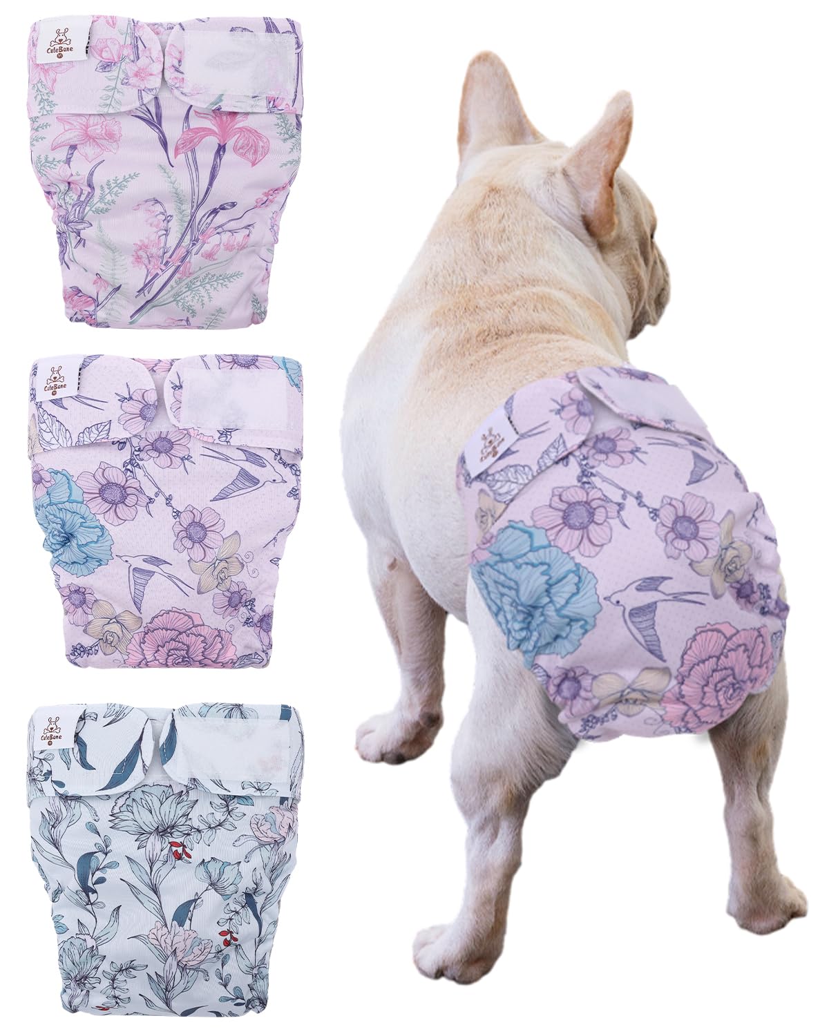 Cutebone Washable Dog Diapers Female No Tail Hole 3 Pack Reusable Doggie Period Training Pants For Docked-Tail Frenchie French Bulldog Boston Terrier Without Tail Wwd16S