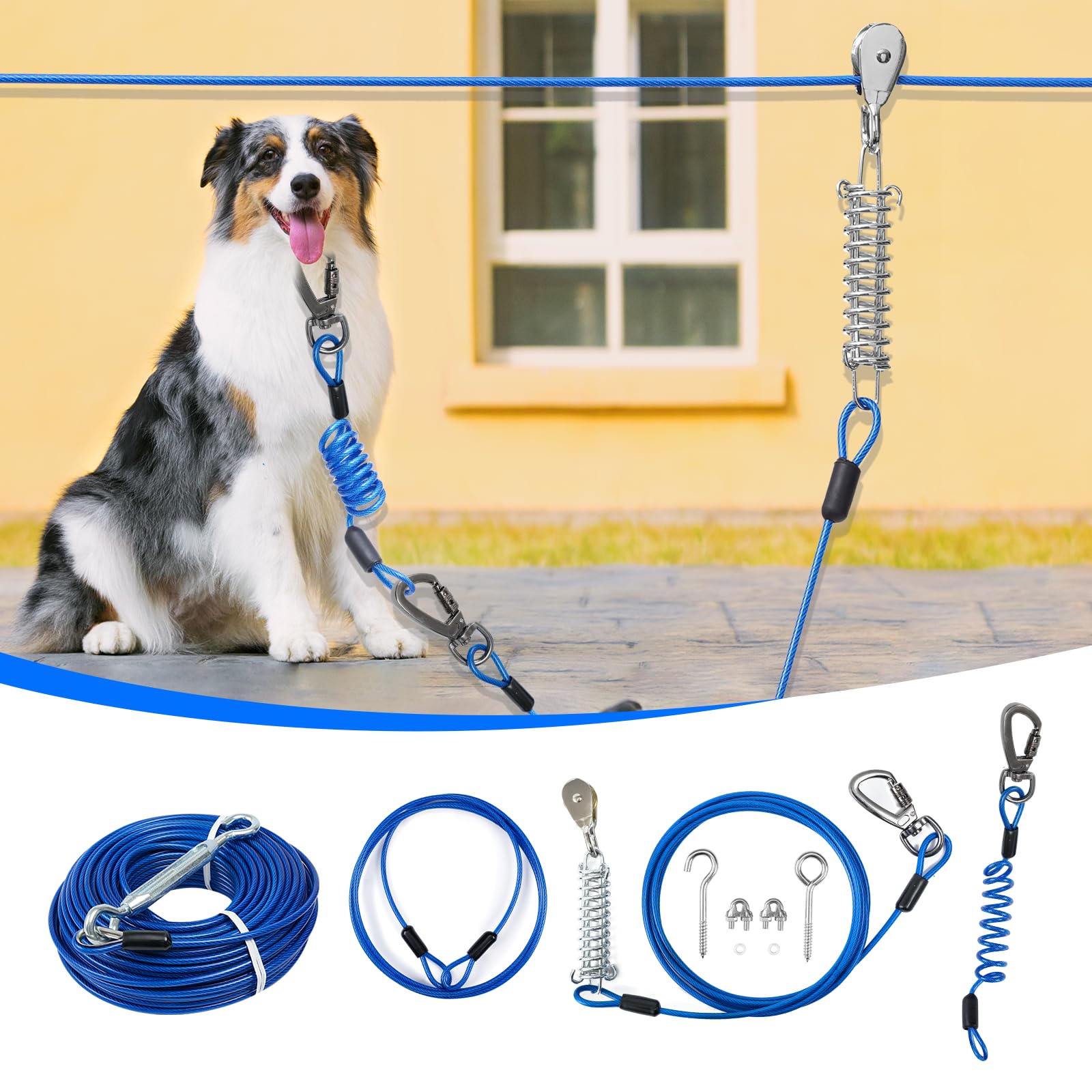 Dog Runner for Yard,Double Shock Absorption Dog Trolley System for Large Dogs,Heavy Duty 75FT Dog Tie Out Run Cable with 10FT Do