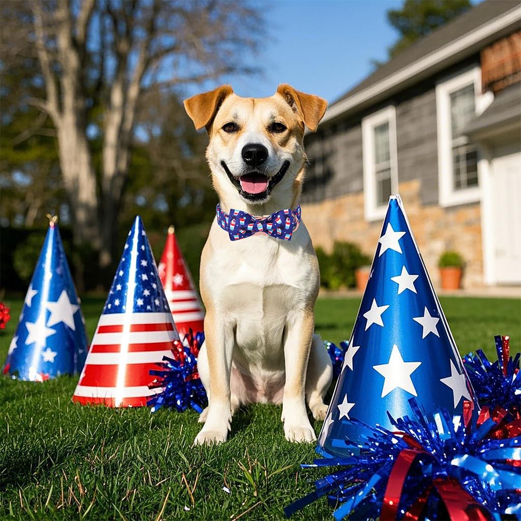 Babole Pet 4Th Of July Dog Collar With Bow Tie - American Flag Day Patriotic Dog Collars Blue Star Sundae Summer Bowtie Collar F