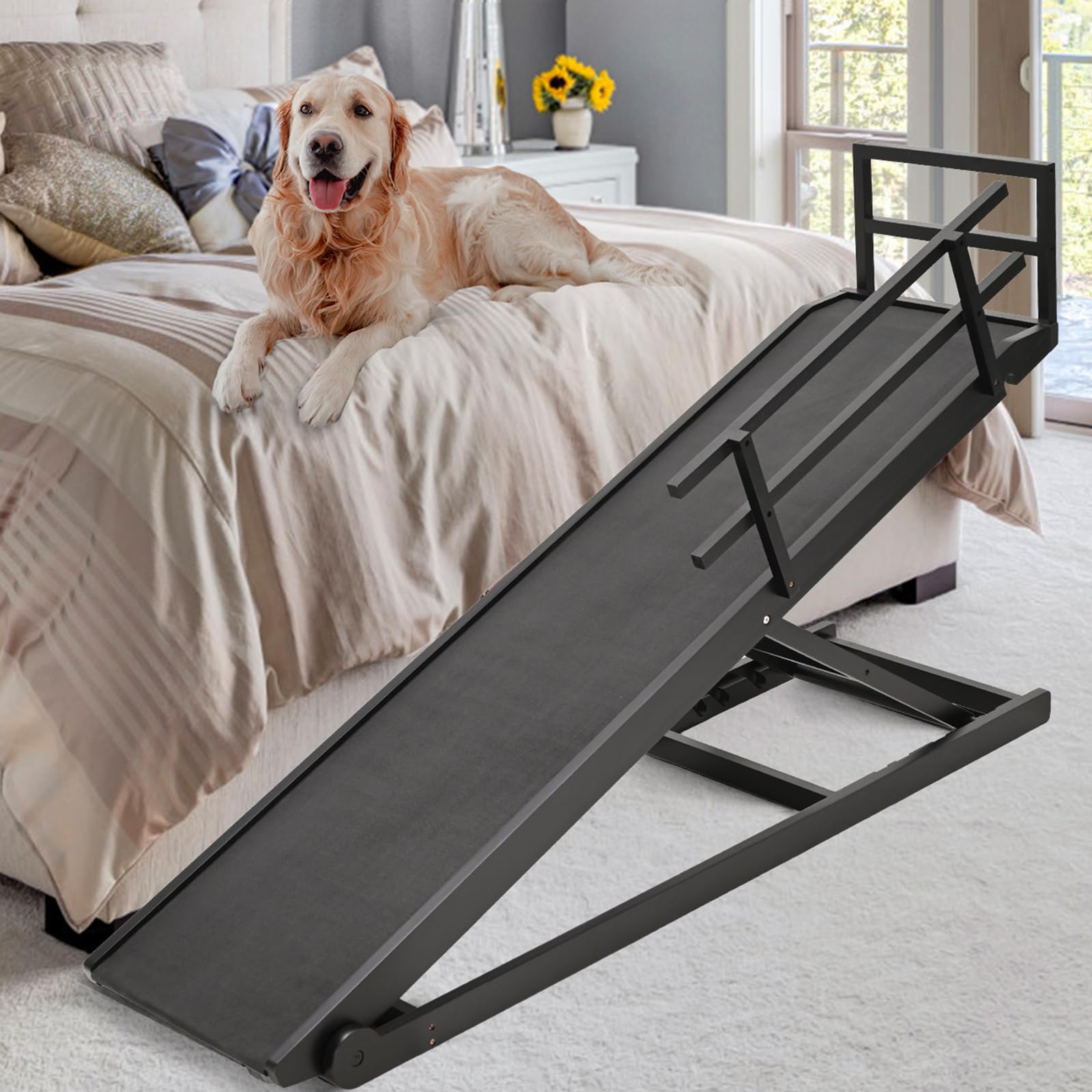 Dog Ramp, Rubber Mat High Traction Ramp, 62.9' Long Portable Paw Ramps, Great For Small & Old Pets, Natural Wood Pet Ramp With 