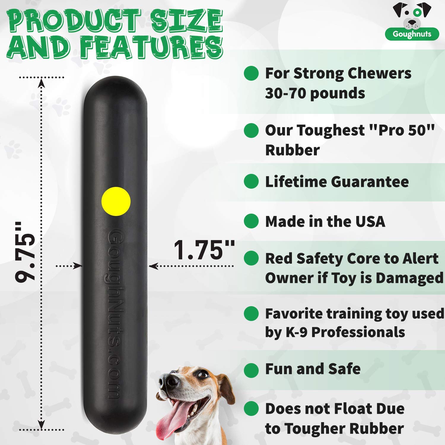 Goughnuts Medium Dog Stick Chew Toy For Aggressive Power Chewers 30-70 Pounds Made Of Natural Rubber For Enhanced Durability And Safety, Original Medium Size, Toughest Pro 50 Rubber In Black