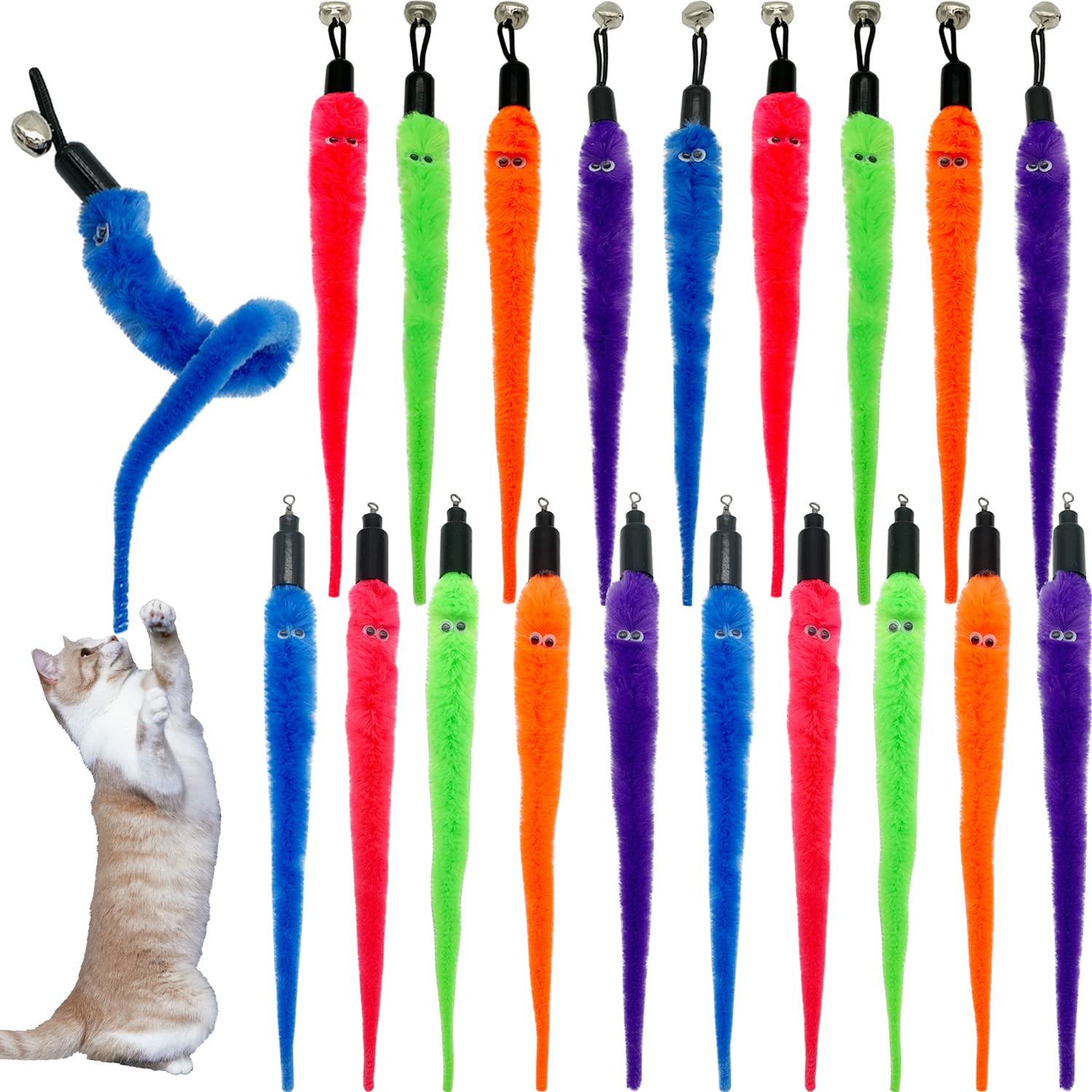 CATENESS Cat Worm Toy Refills, 20 Pieces Cat Wand Attachments Worms Toy for Indoor Cats (B)