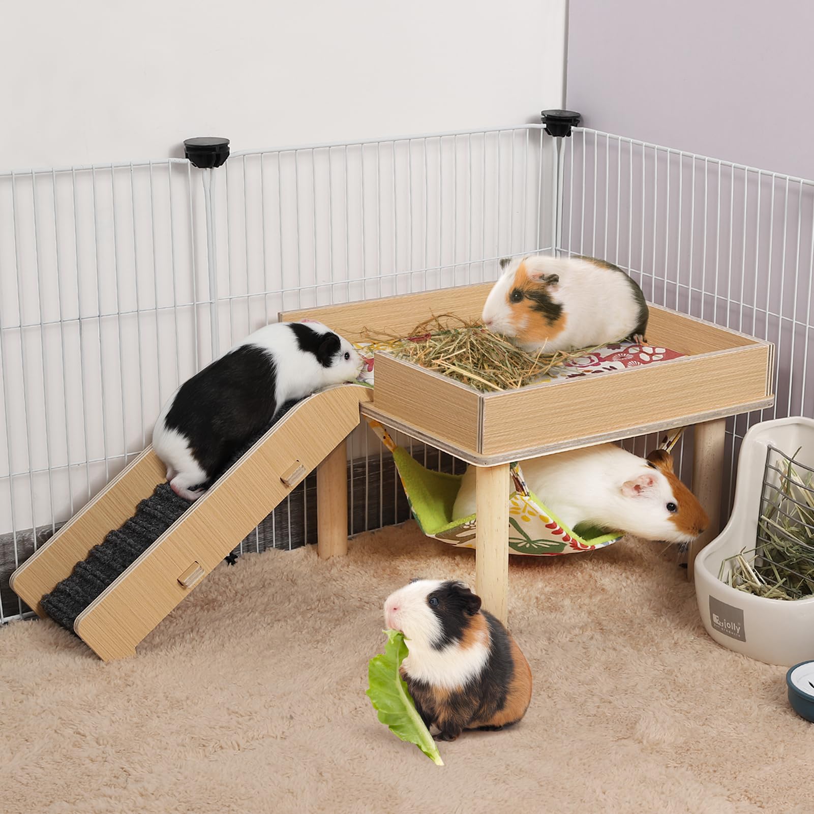 Guinea Pigs Hammock With Platform, Safe Wooden Guinea Pig Hideout With Stairs, Durable Small Pet Bed For Piggies Chinchilla Rat