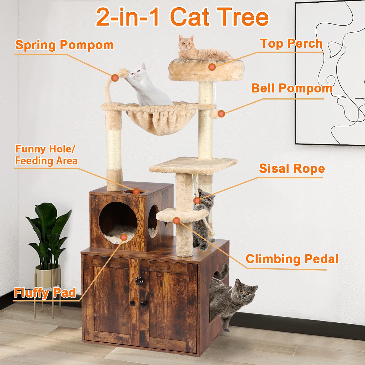 Timberer Cat Tree With Litter Box Enclosure, 2-In-1 Cat Tower For Indoor Cats, Large Wood Cat Condo With Basket, Scratching Post