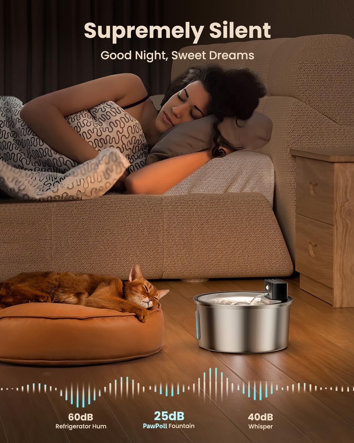 Pawpoll Wireless Cat Water Fountain Stainless Steel - 3.2L/108Oz Cordless Pet Water Fountain Battery Operated Cats Water Dispens