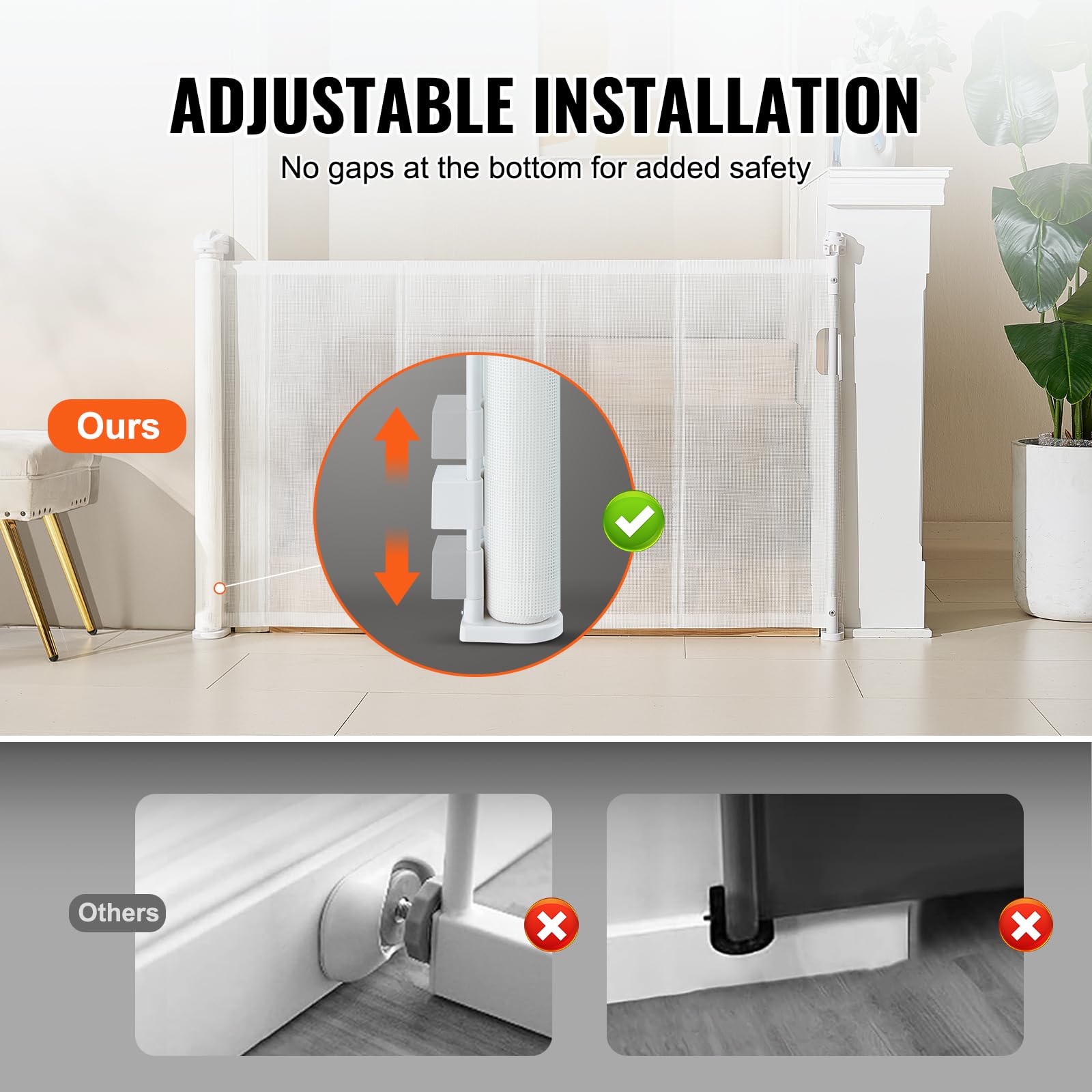 VEVOR Retractable Baby Gates for Stairs, Extends up to 60&quot; Wide, Mesh Dog Gate for The House, 34&quot; Tall Child Safety Gates for Doorways, Hallways, Wide Pet Gate, Cat Gate Indoor & Outdoor, White