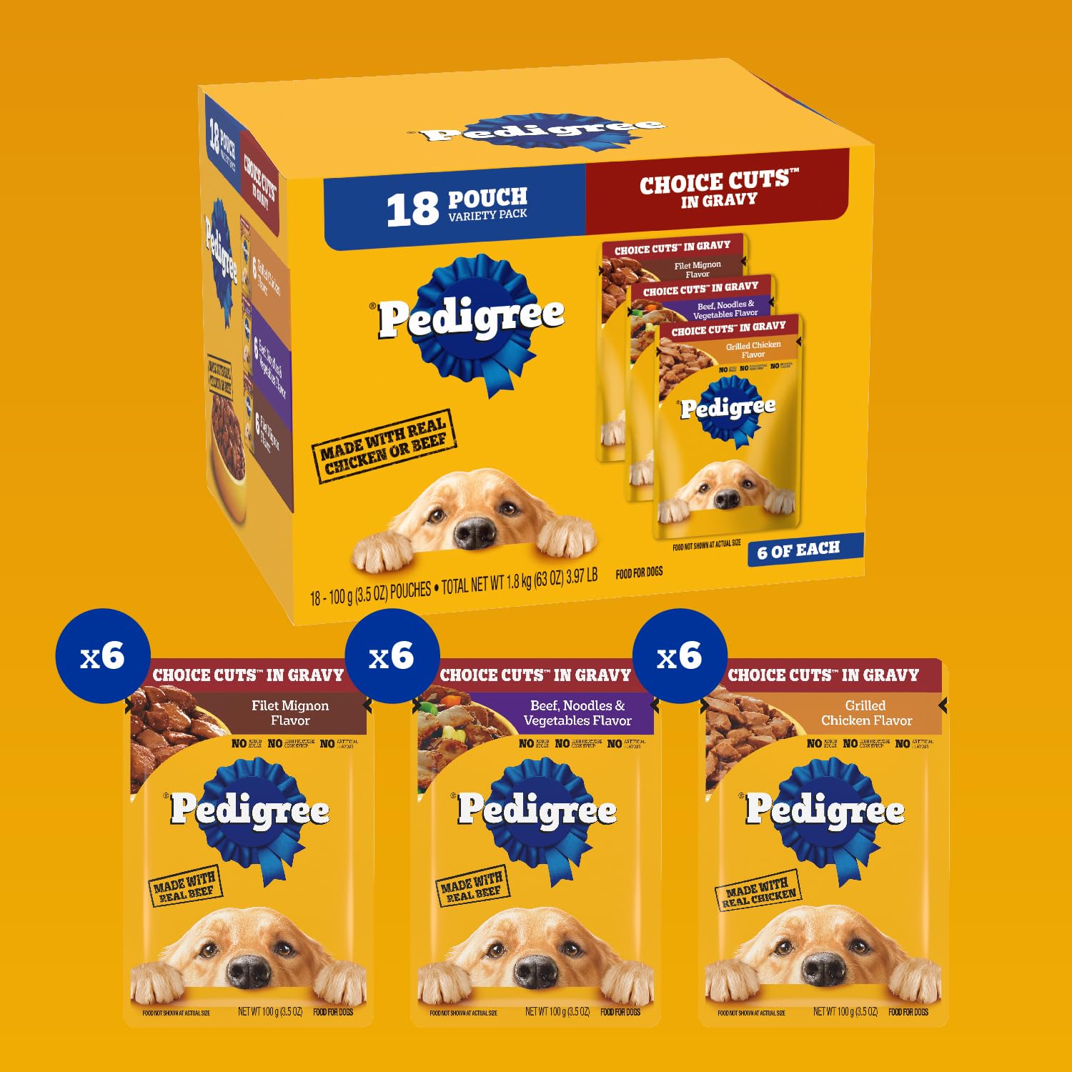 PEDIGREE CHOICE CUTS IN GRAVY Adult Soft Wet Dog Food 18-Pack Variety Pack, 3.5 oz Pouches