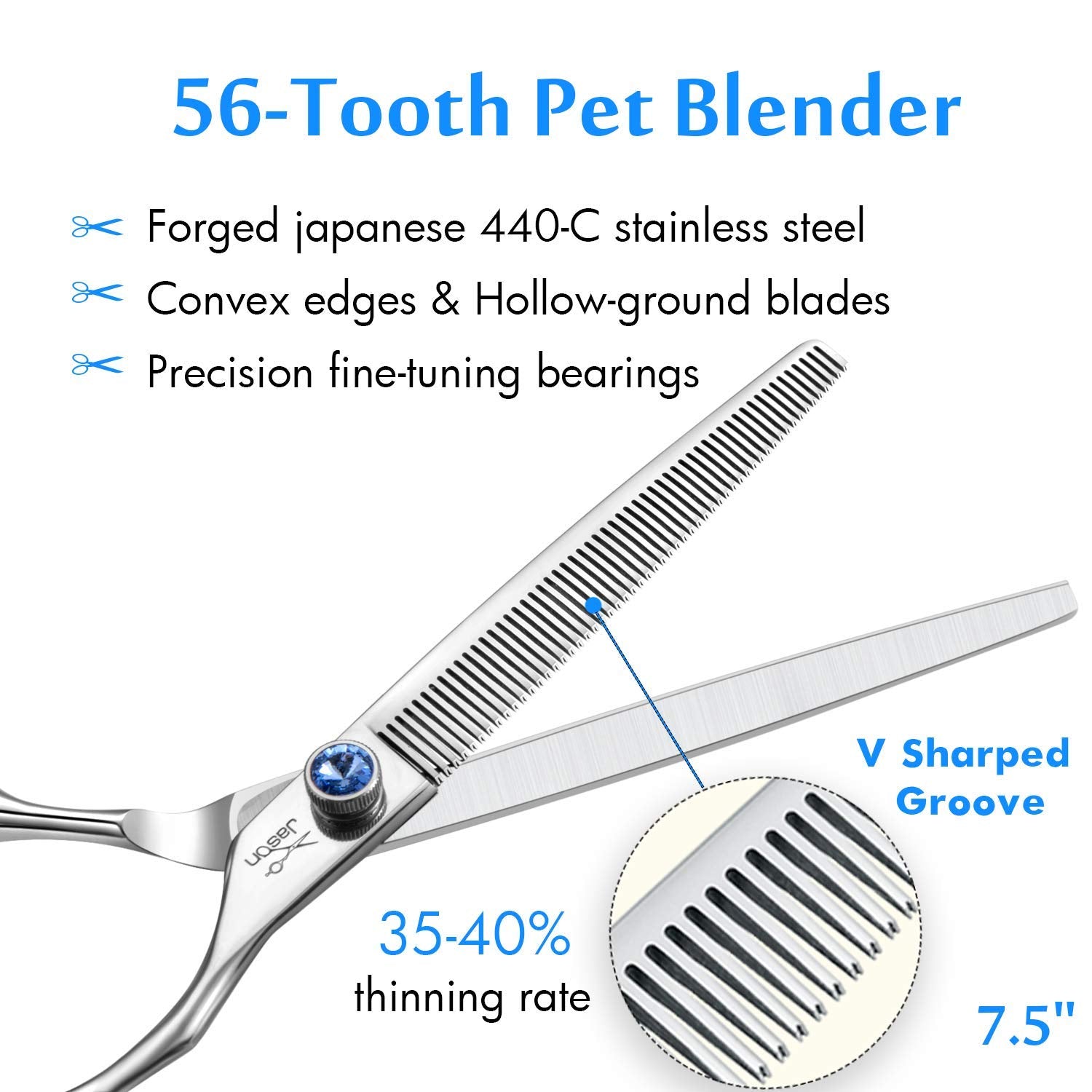 Jason 7.5' 56-Tooth Blending Dogs Grooming Scissors Cats Thinning Shears Pets Blender Thinner Trimming Texturizing Kit With Offset Handle Blue Jewelled Screw (7.5 Inch)
