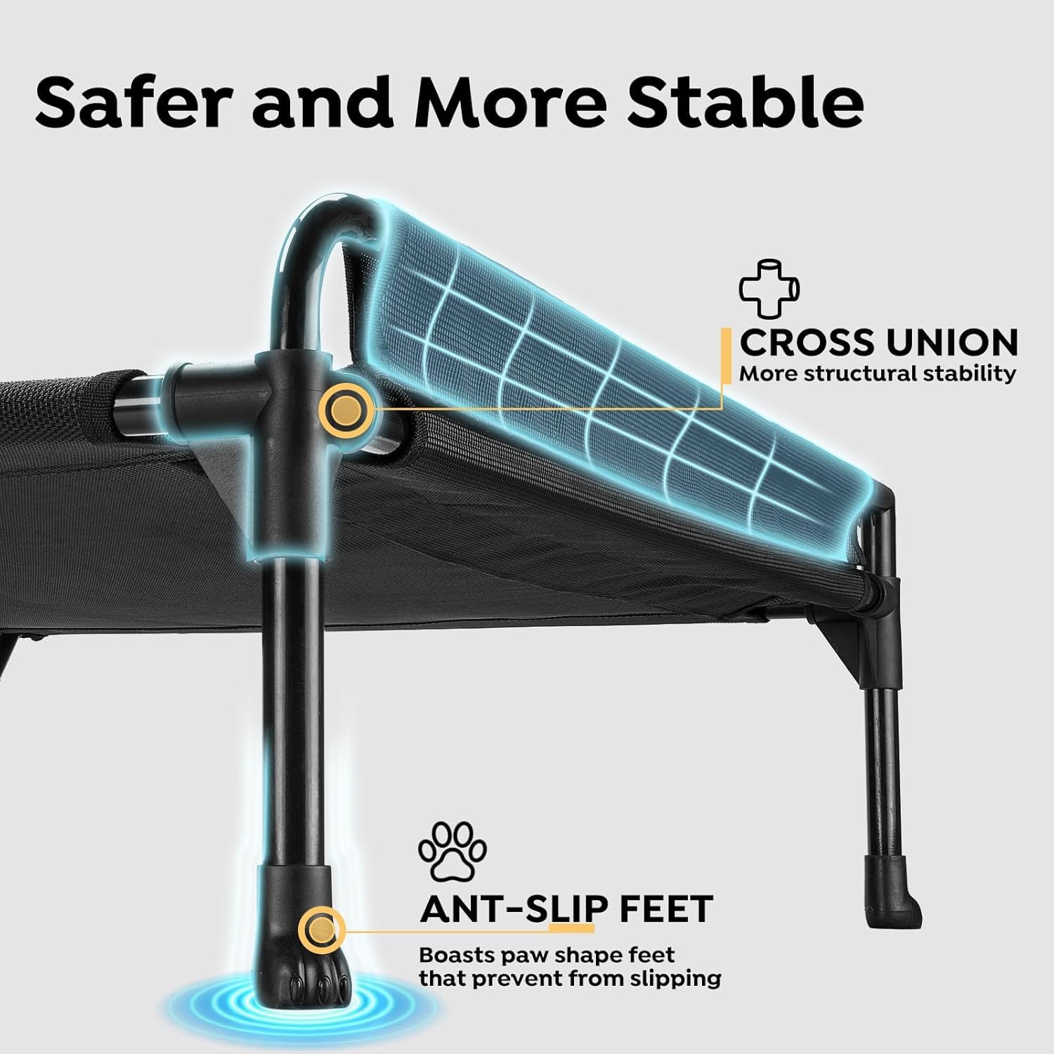 Veehoo Elevated Dog Bed - Large 47x29 Black Cooling Cot with Three-Sided Fence, Durable Mesh & Non-Slip Feet for Outdoor Use