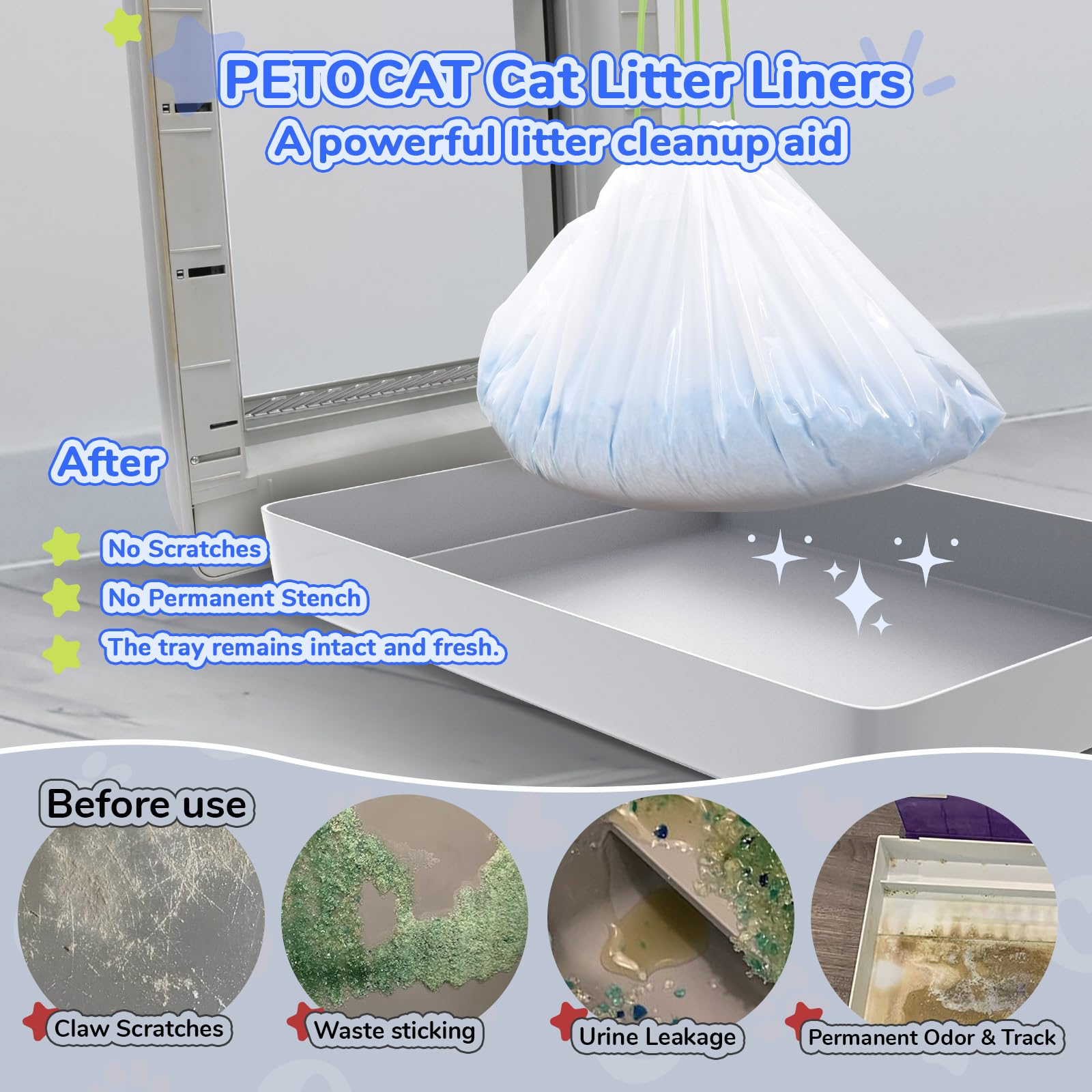 Cat Litter Liners For Pet Scoop Free Crystal Litter Tray, Open/Hooded Litter Pan And Pull-Out Litter Box Sliding Drawer, Tear-Re