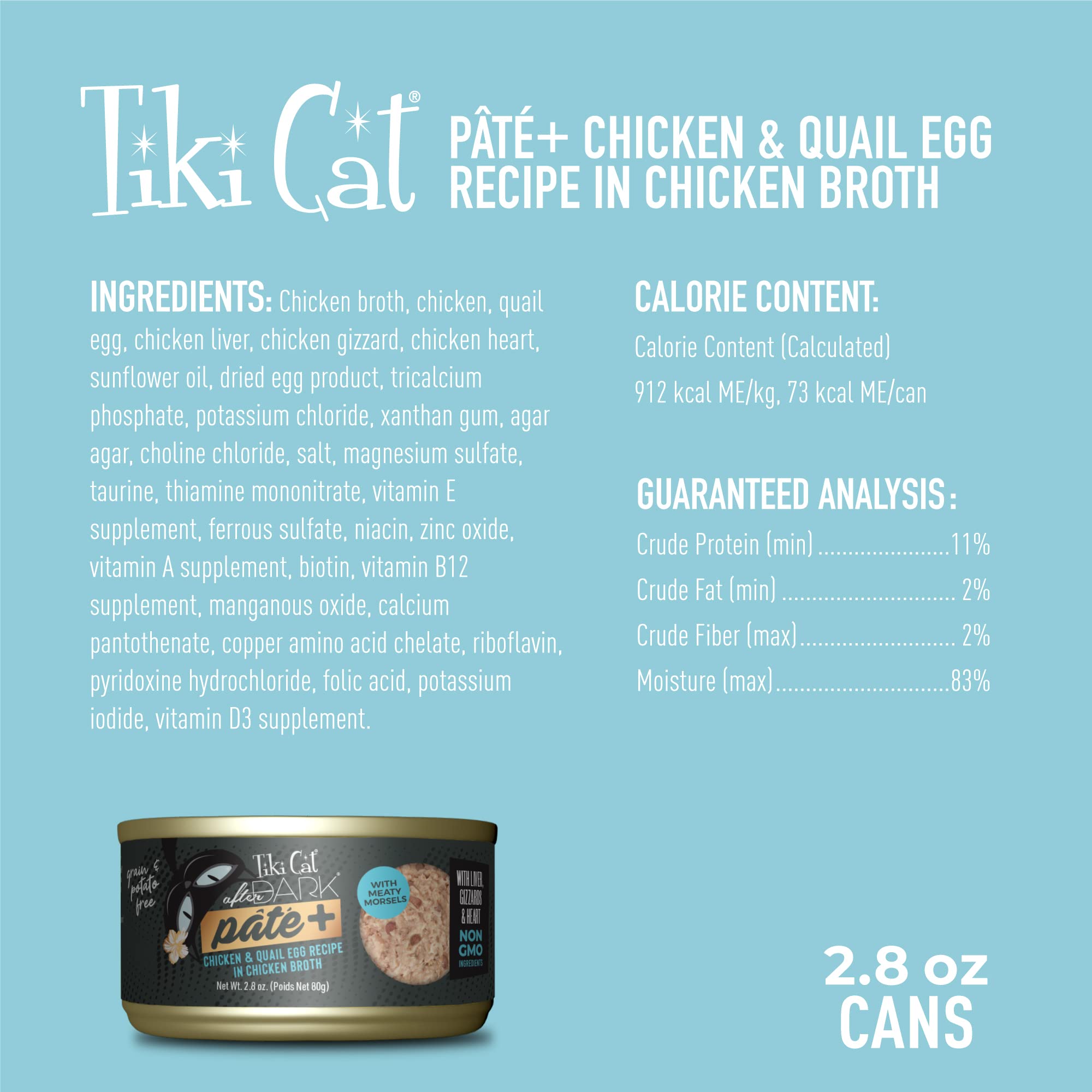 Tiki Cat After Dark Pate+, Chicken & Quail Egg, High-Protein and 100% Non-GMO Ingredients, Wet Cat Food for Adult Cats, 2.8 oz.