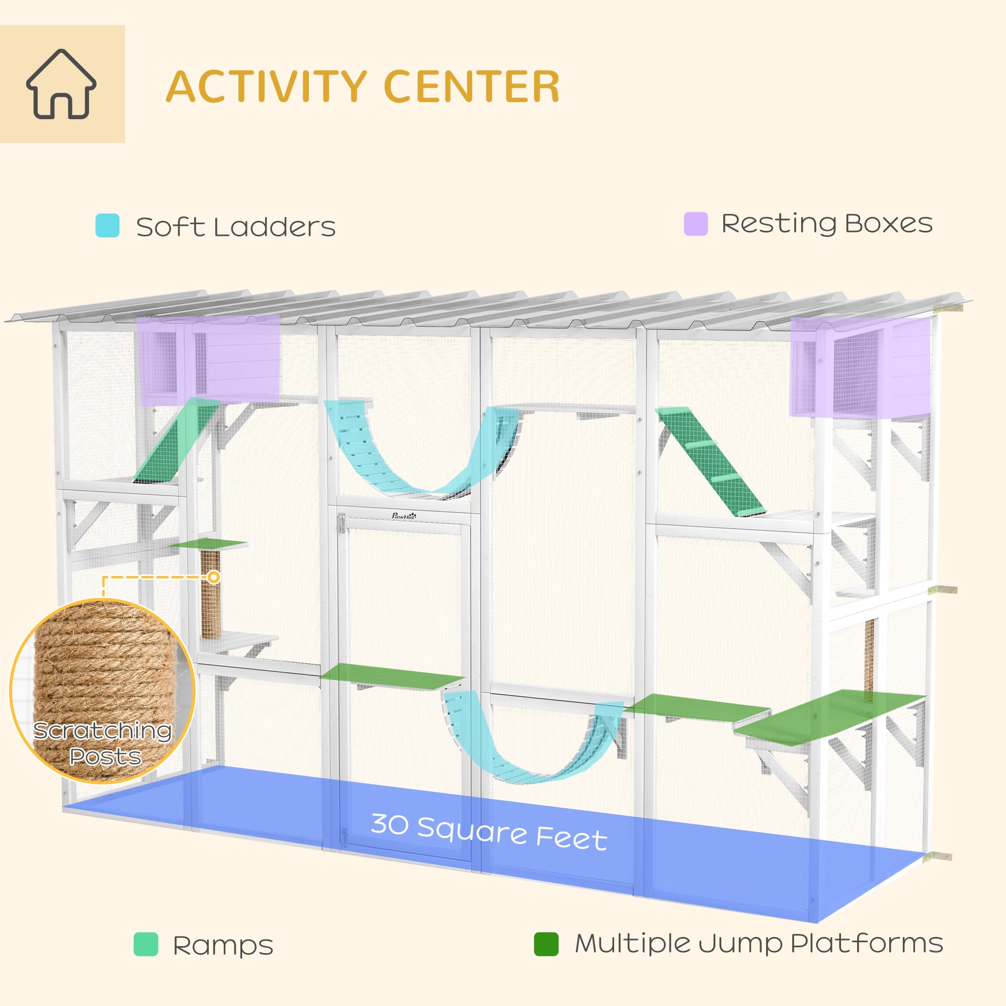 Pawhut Catio Playground Cat Window Box Outside Enclosure, Outdoor Cat House With Weather Protection Roof For Multiple Kitties, Wooden Frame, Shelves & Bridges, 118' X 37.5' X 74', White