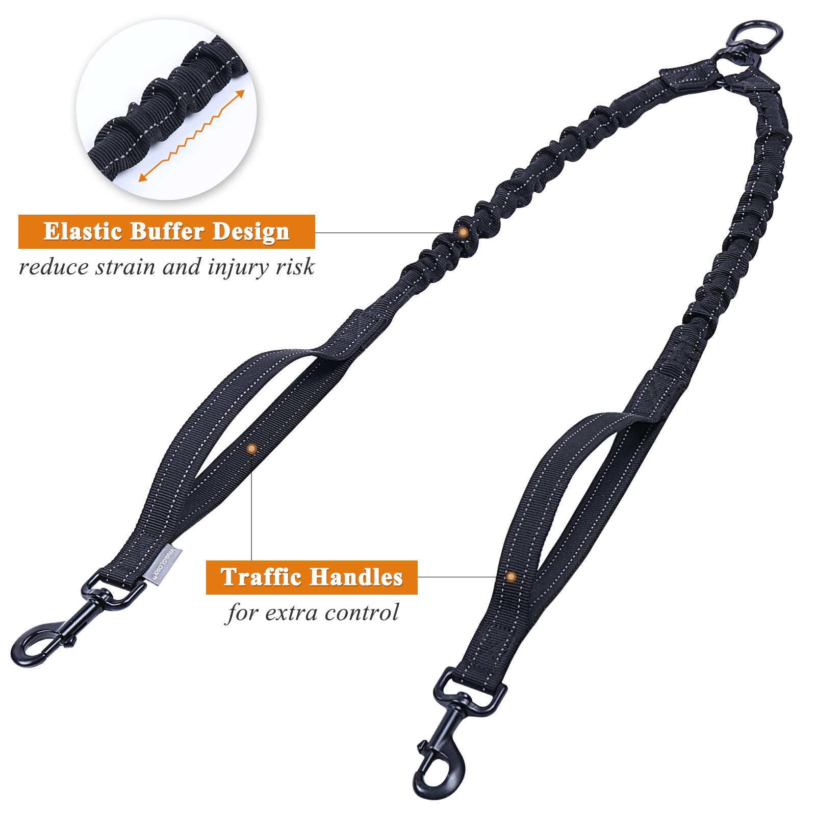 Vivaglory Double Dog Leash, Two Dog Leash No Pull & Tangle Free Bungee Dog Leash, Dual Dog Leash With Traffic Handles Reflective For Medium To Large Dogs For Daily Walking & Training