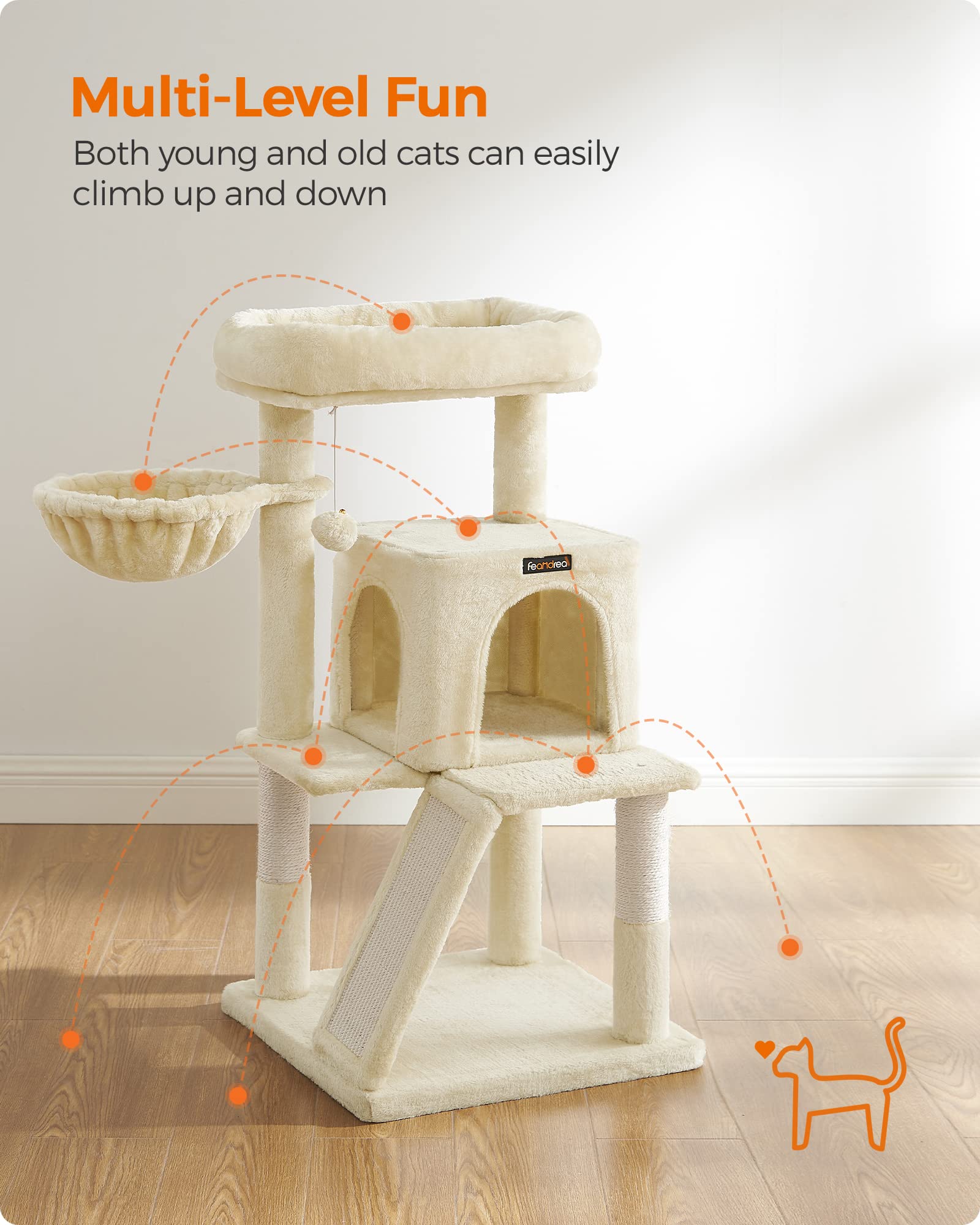 Feandrea Cat Tree, Small Cat Tower with Widened Perch for Large Cats Indoor, Kittens, 37.8-Inch Multi-Level Cat Condo, Scratchin