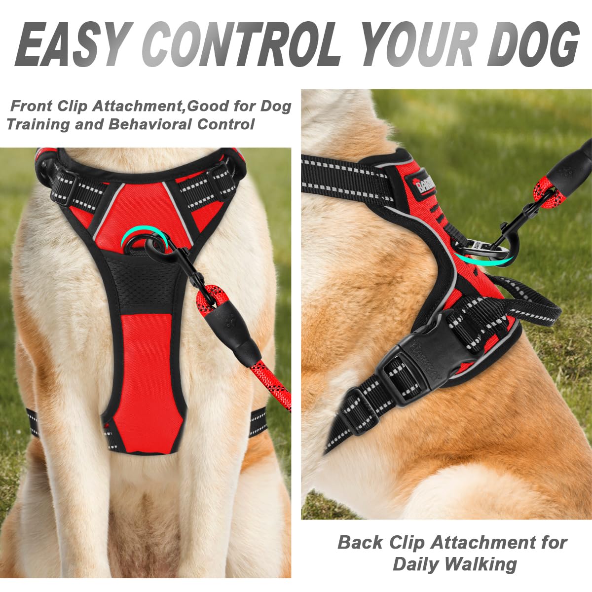 Barkbay No Pull Dog Harness Front Clip Heavy Duty Reflective Easy Control Handle For Large Dog Walking(Red,L)