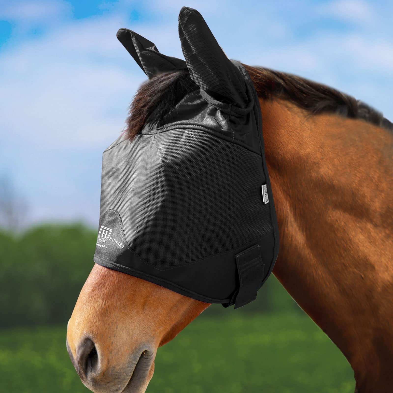 Harrison Howard UV-proof Multi-Function Fabrics Thick Fleece Padding Horse Fly Mask Half Face with Ears Black Warmblood Extra La