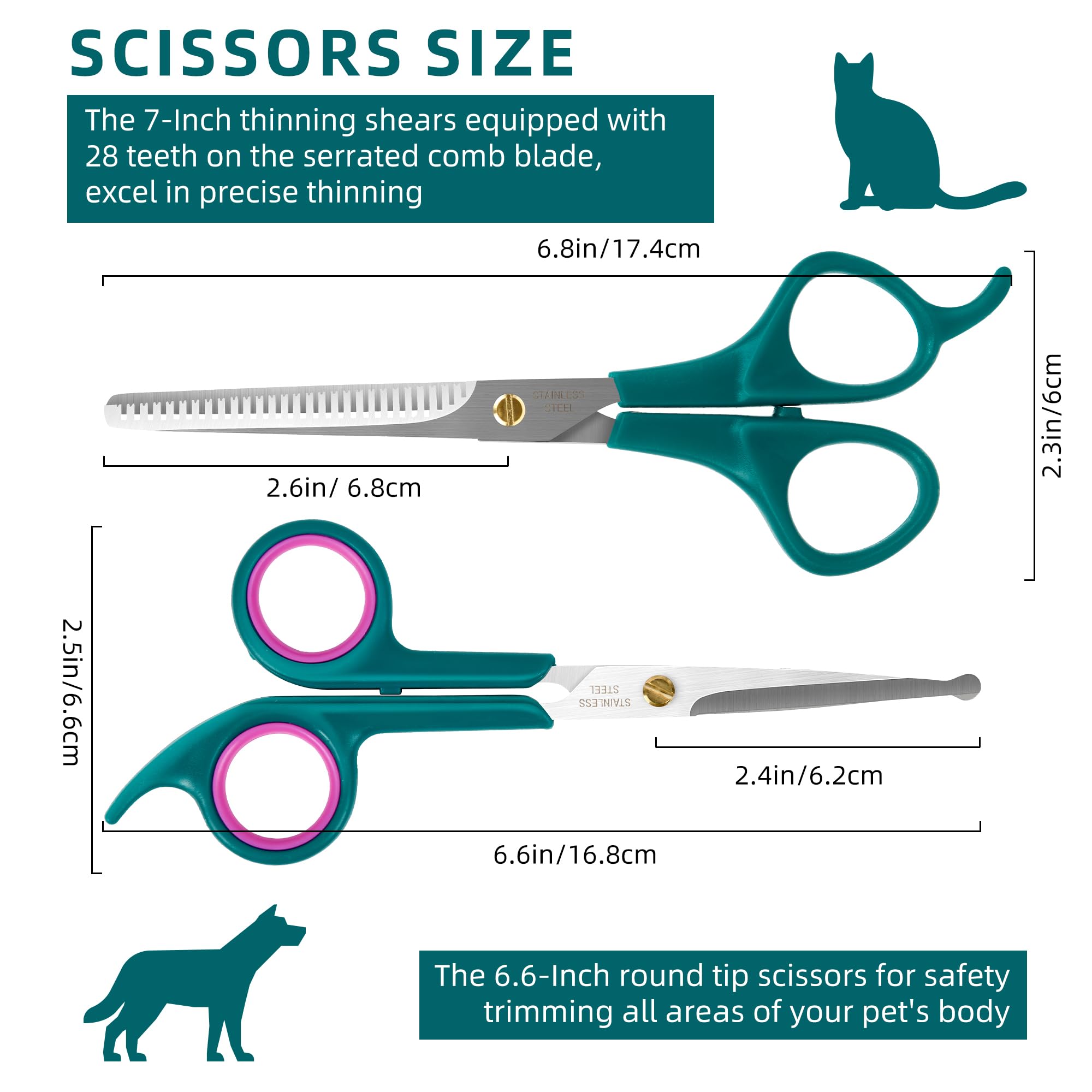 Professional Pet Grooming Kit, Stainless Steel Dog & Cat Grooming Shears With Rounded Tip Blades For Safe Fur Trimming, Thinning