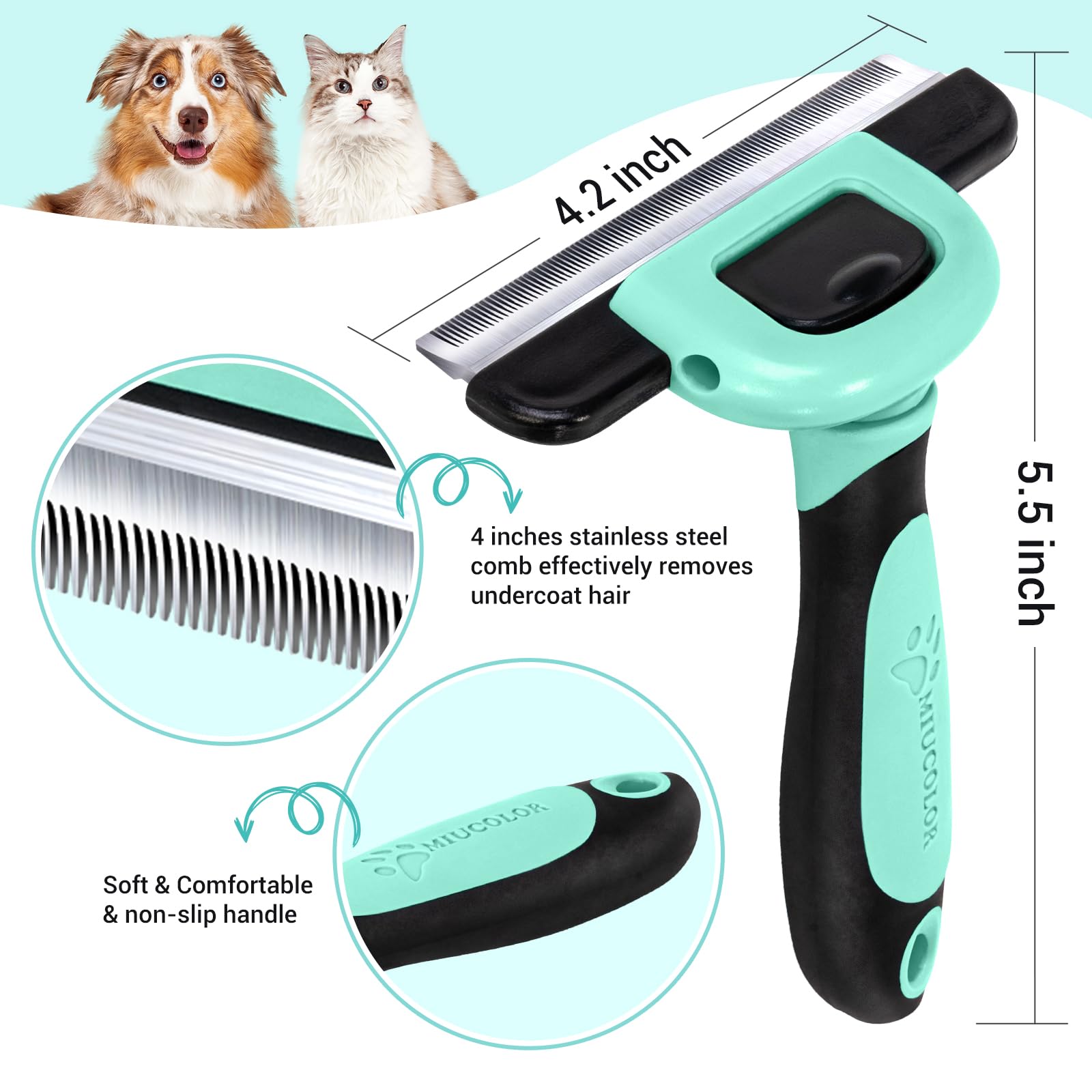 Miu Color Pet Grooming Brush, Deshedding Tool For Dogs & Cats, Effectively Reduces Shedding By Up To 95% For Short Medium And Long Pet Hair,Spring Green