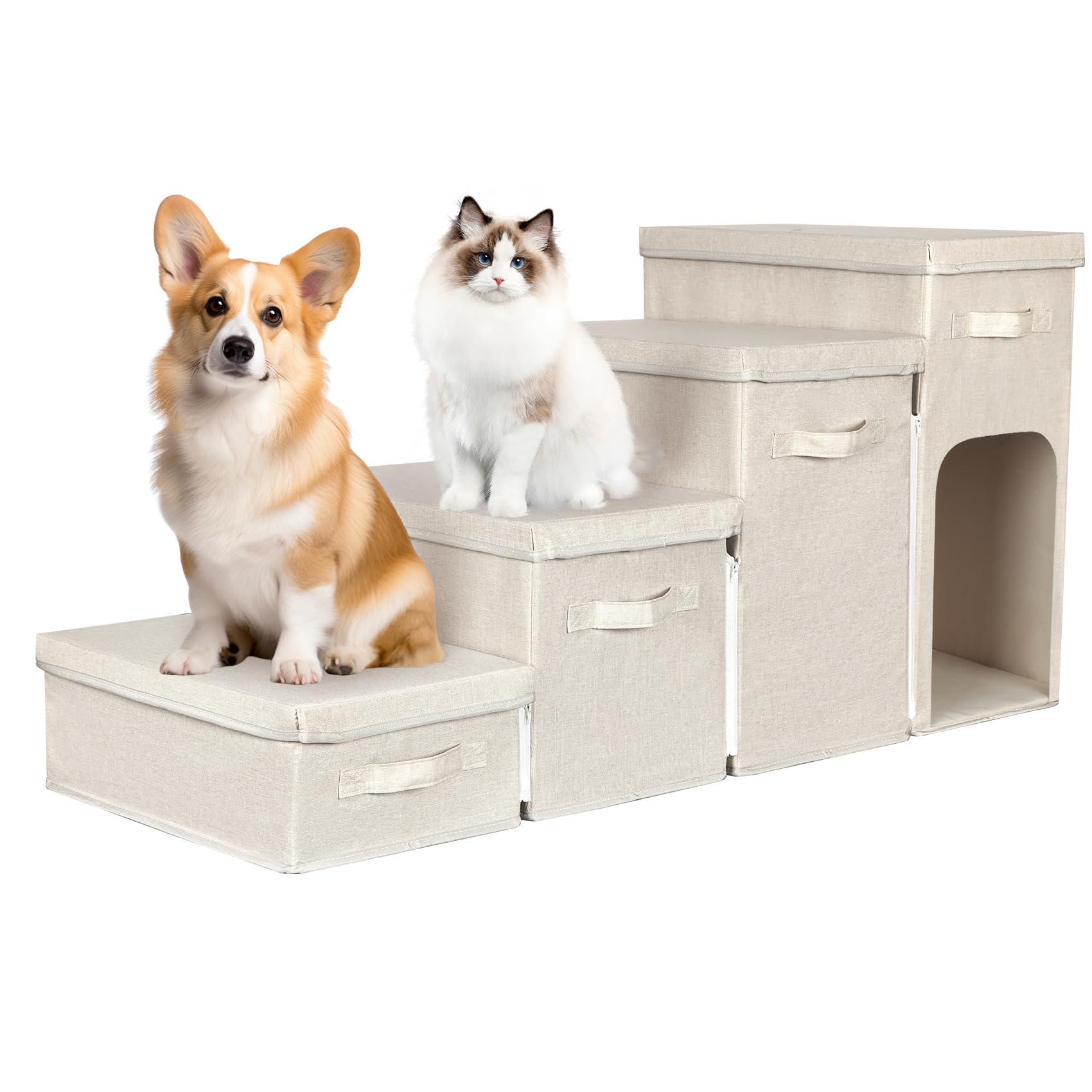 Weavelyrics Dog Stairs With Storage, Folding Pet Steps With Zip For Small Dogs And Cats, 4-Step Pet Stairs With Pet House For Hi
