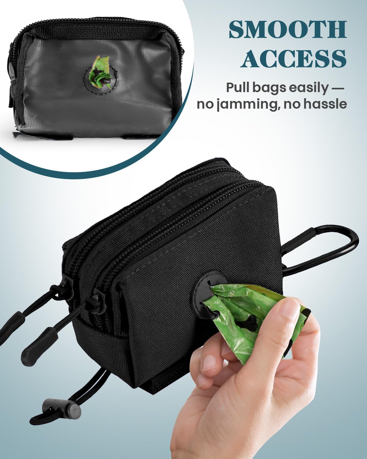 Dog Poop Bag Holder for Leashes, Black Doggie Waste Bag Dispenser and Treat Holder, with Carabiner Hook and Poop Bag Clip, Used