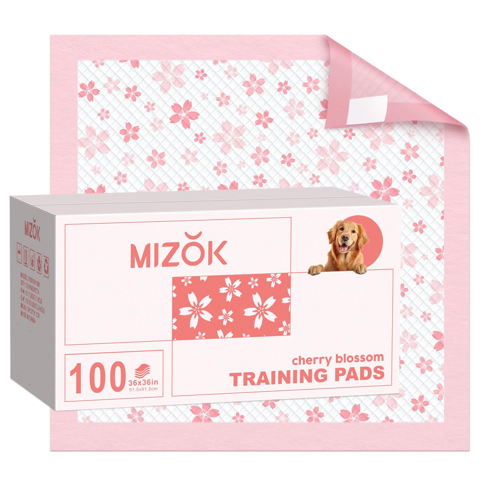 MIZOK 36x36in Puppy Pads Pink, Dog Pee Pads Leak-Proof with Quick-Dry Surface, Dog Pads Extra Large with Cherry Blossom Prints, 